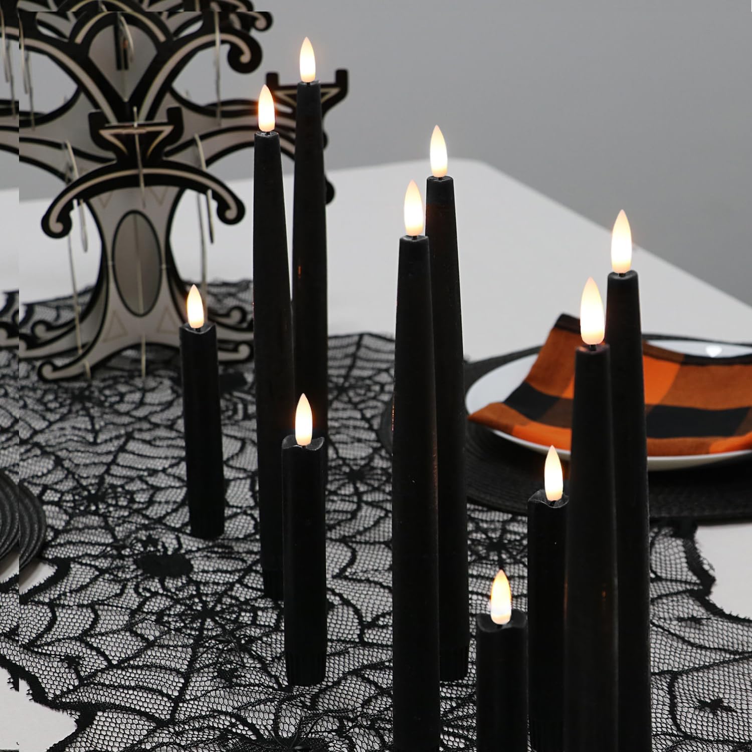 Rhytsing 11.4" Flameless Taper Candles with Timer Function for Halloween, Battery Operated Tall Candlesticks Rustic Wax, Warm White LED, 2 Remotes Included - Set of 6 (Black)