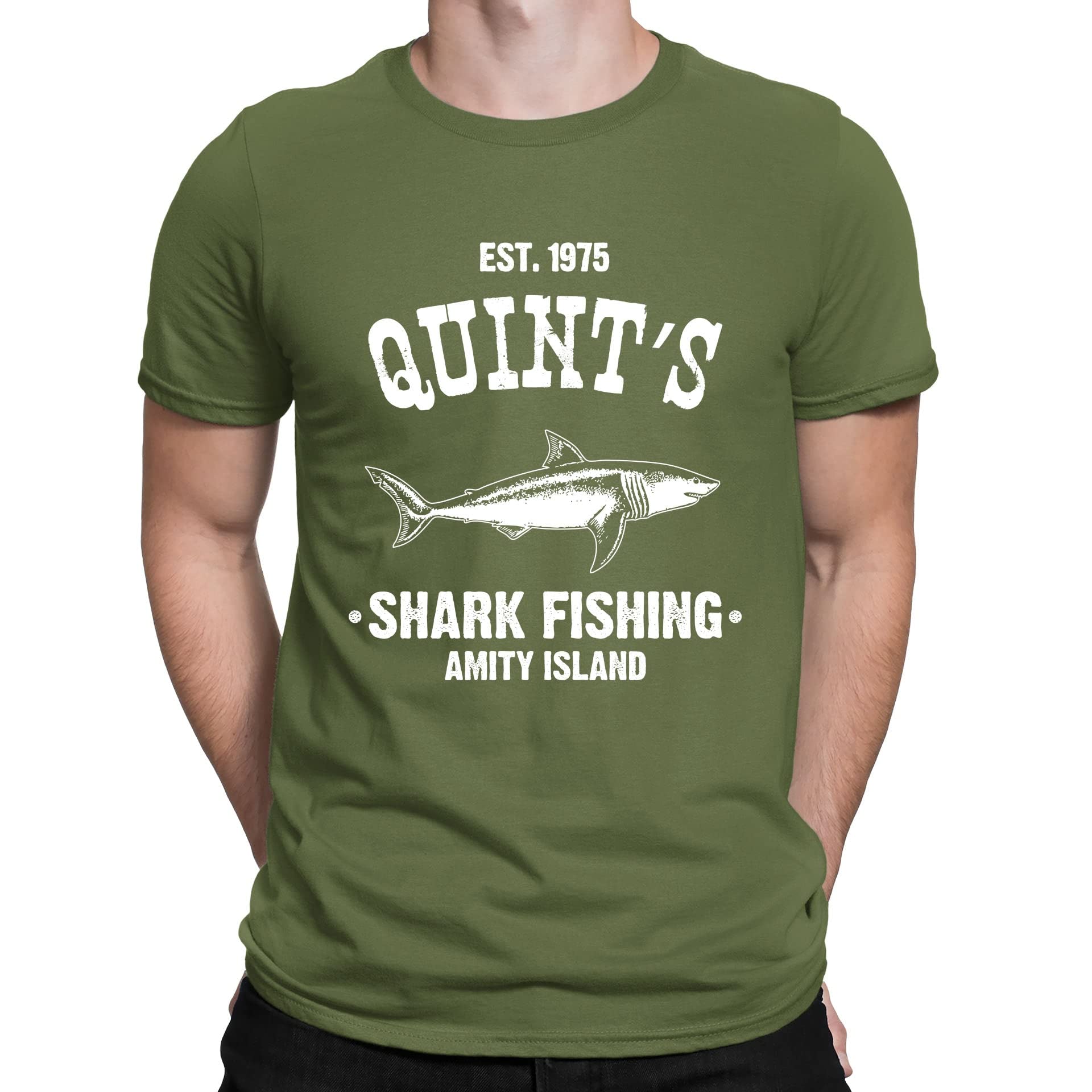 Mens Quints Fishing Shark Jaws Inspired Amity Cult Movie T-Shirt Khaki (M)