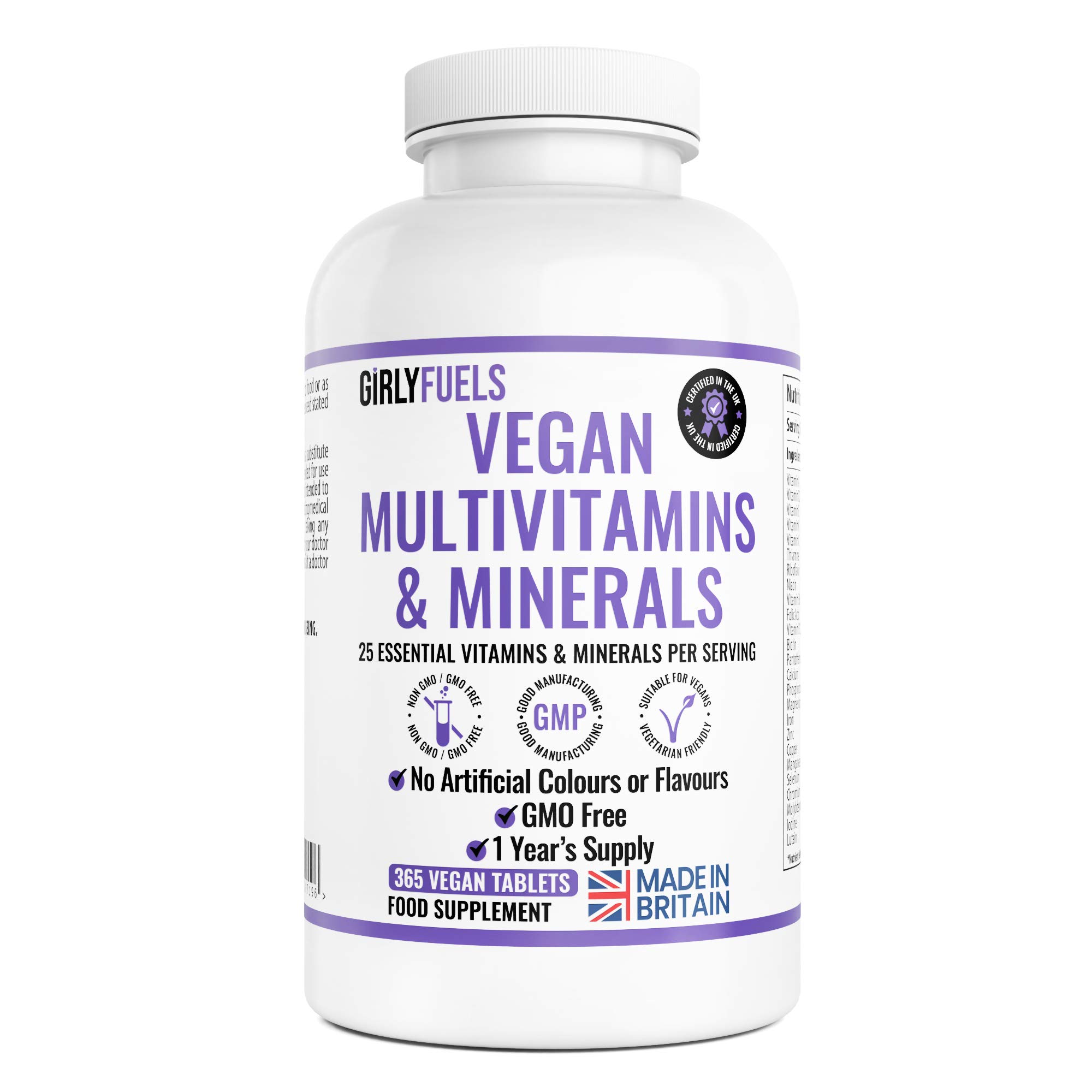 Multivitamins & Minerals - 365 Vegan Multivitamin Tablets - 1 Year Supply - Multivitamin Tablets for Men and Women with 25 Essential Active Vitamins & Minerals - Made in The UK by GirlyFuels