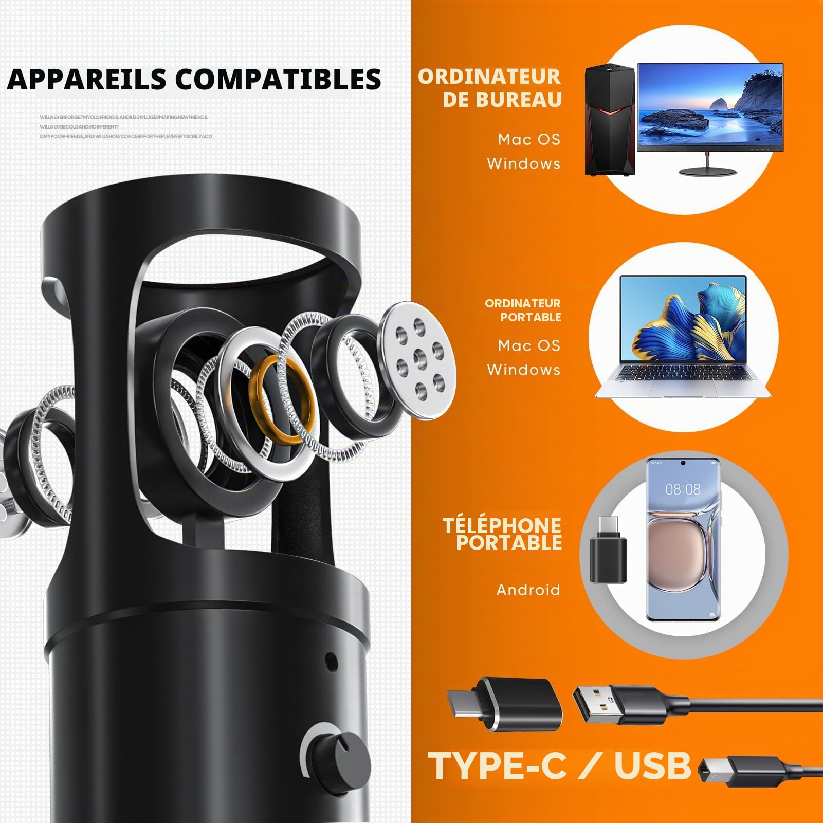 Microphone Studio d’Enregistrement avec Bouclier d’Isolation, Filtre Anti-Pop et Support Trépied Métal, Micro pour PC, Ordinateur Portable, Smartphone, Musique, Chant, Podcast