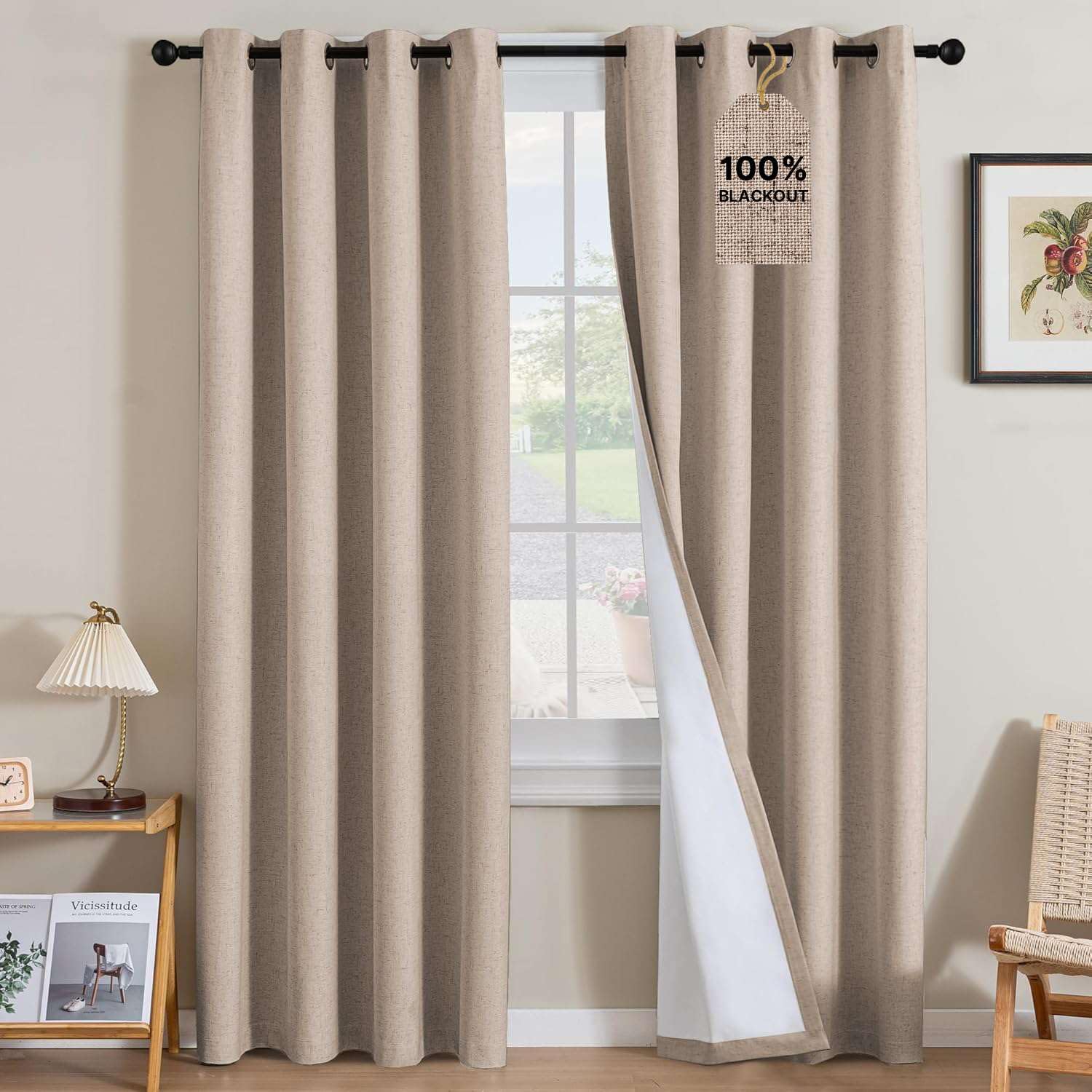 H.VERSAILTEX Linen Curtains 100% Blackout Curtains for Bedroom 108 inch Long Full Light Blocking Nature Linen Blended Window Curtains for Living Room Nickel Grommet (2 Panels, Heathered Sand)