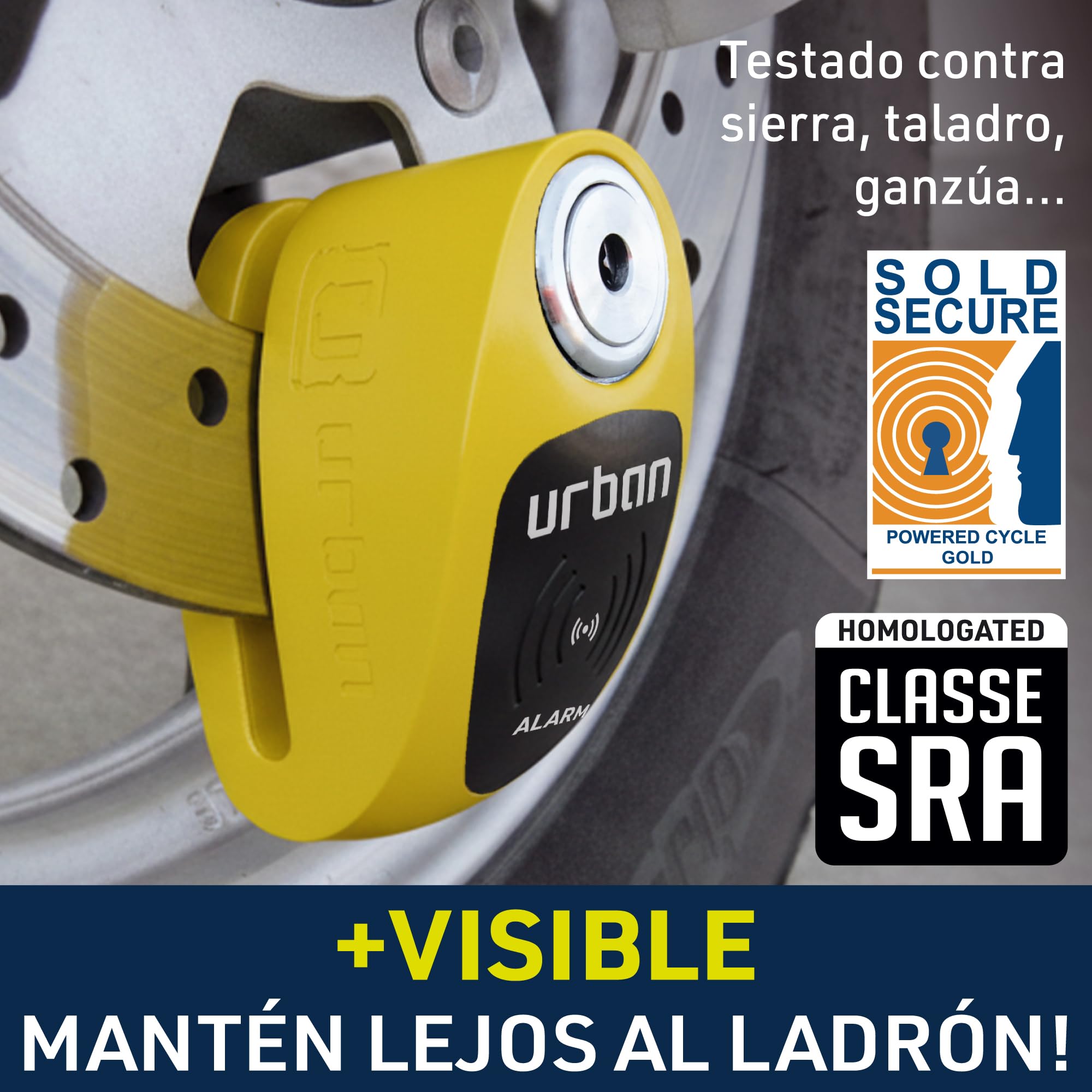 URBAN UR910Y Candado Moto con Alarma 120 dB, Amarillo+Negro Acero Inox Pintado +Disuasorio, Homologado SRA & Sold Secure Gold, Doble Cierre Ø10mm, Bateria CR2, Antirrobo Pinza Cepo Disco Freno Scooter