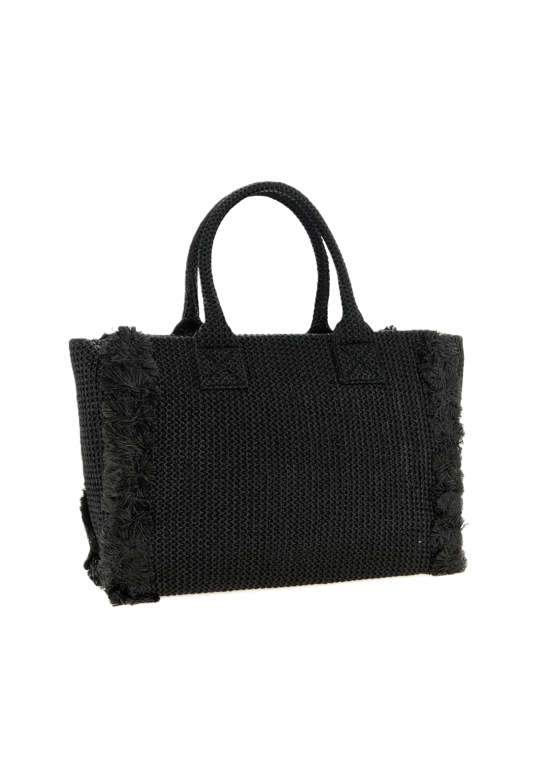 Pinko Bolsa de compras de rafia, negro, 38 x 29,5 x 16 cm, con flecos, estilo playa y viaje, cierre de cremallera