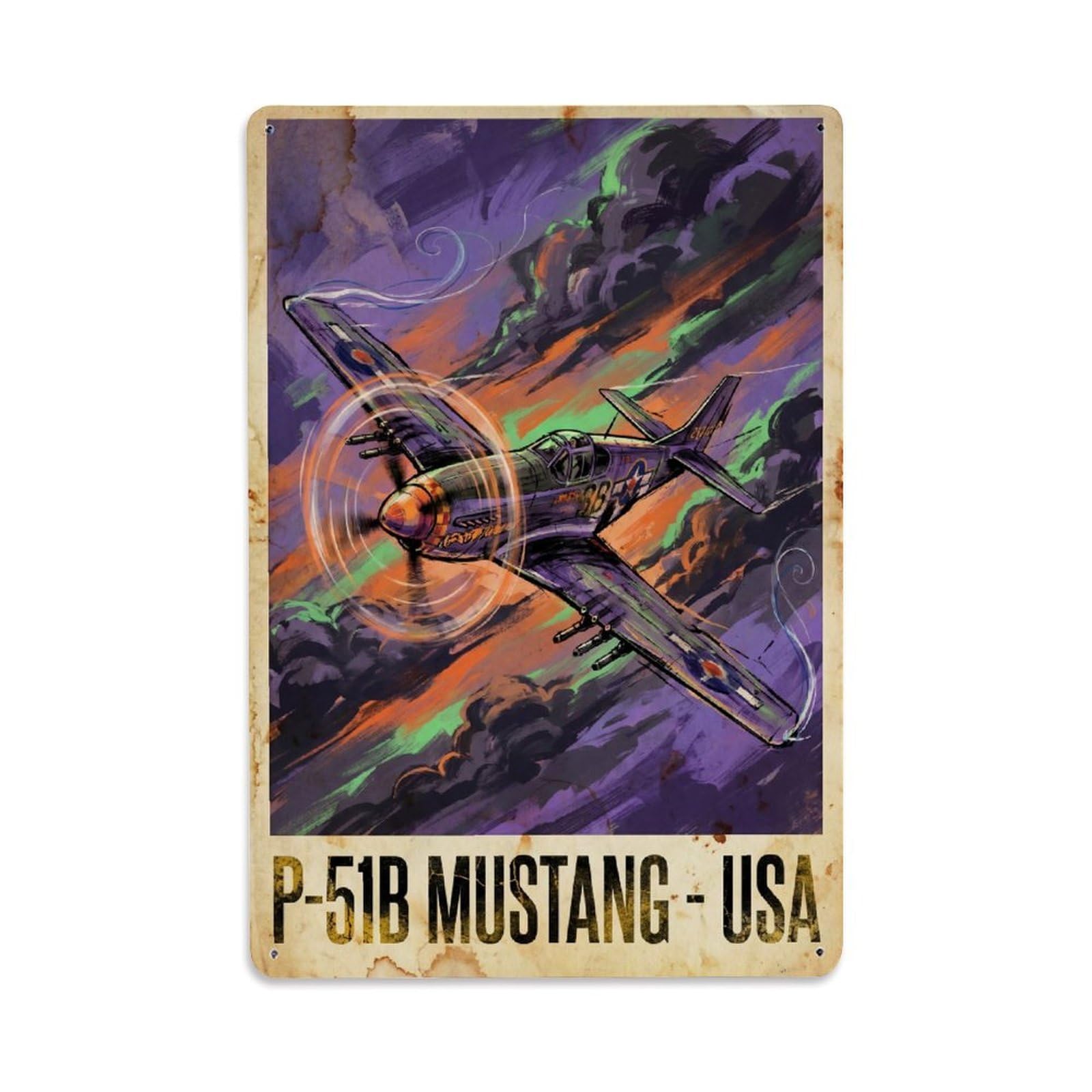 Combat Aviation P-51B Mustang Fighter Aircraft Metal Tin Sign Plaque Wall Decor for Cafe, Man Cave, Club Bar, Office, Home Garden Round Metal Poster 8x12Inch