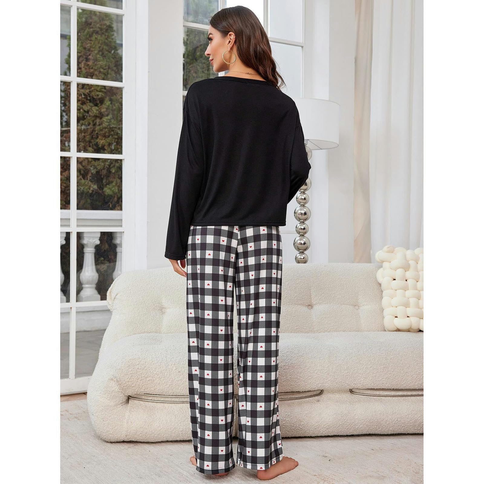Pigiama Donna Cotone Pigiama da Donna Primavera E Autunno A Manica Lunga A Pianta U Tasca Tascabile Vestiti per La Casa A Due Pezzi Set-23009-nero-s