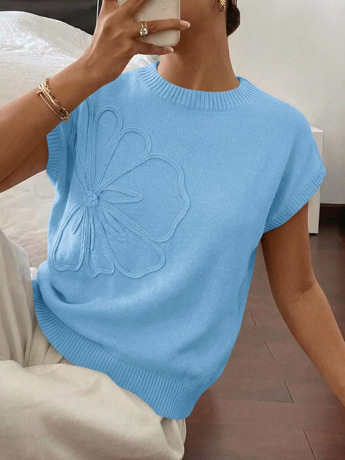 Saodimallsu Womens Short Sleeve Sweater Trendy Floral Pullover Sweaters Summer Casual Crewneck Lightweight Knit Tops