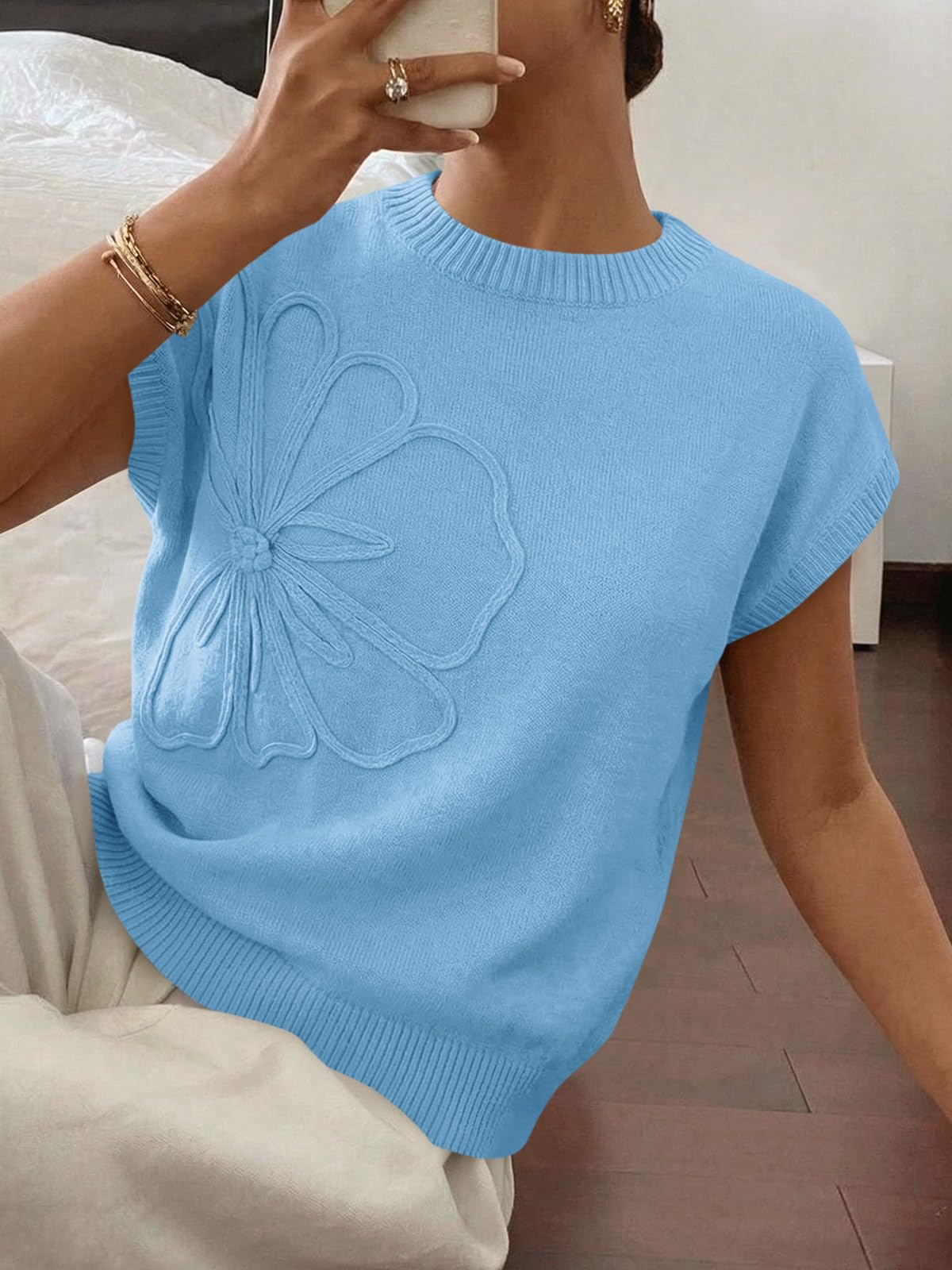 Saodimallsu Womens Short Sleeve Sweater Trendy Floral Pullover Sweaters Summer Casual Crewneck Lightweight Knit Tops - 5