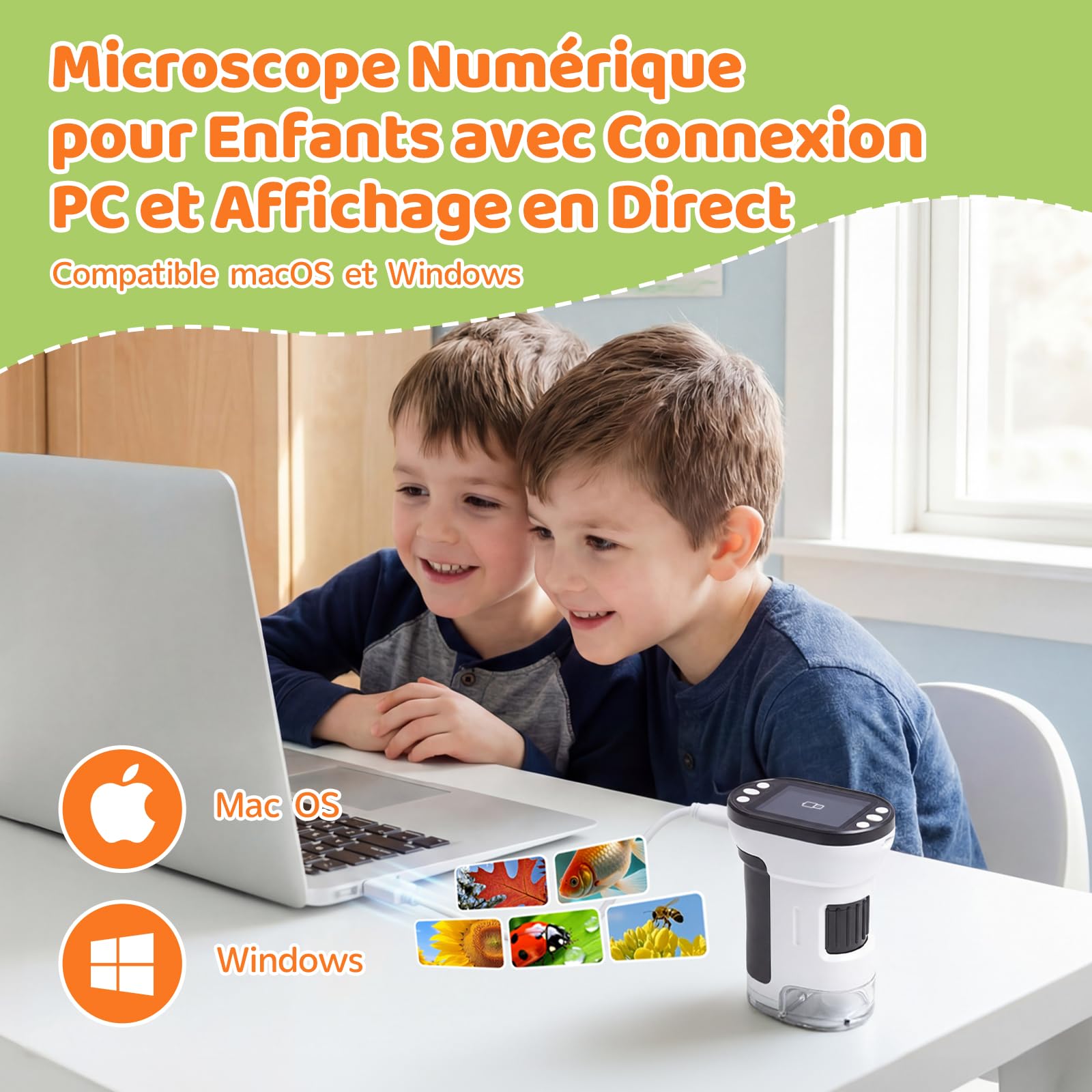 Microscope Enfant Numérique 1000x avec Écran IPS 2,0″ Carte 16 Go LED Recharge USB Portable Kit Cadeau 6 Ans