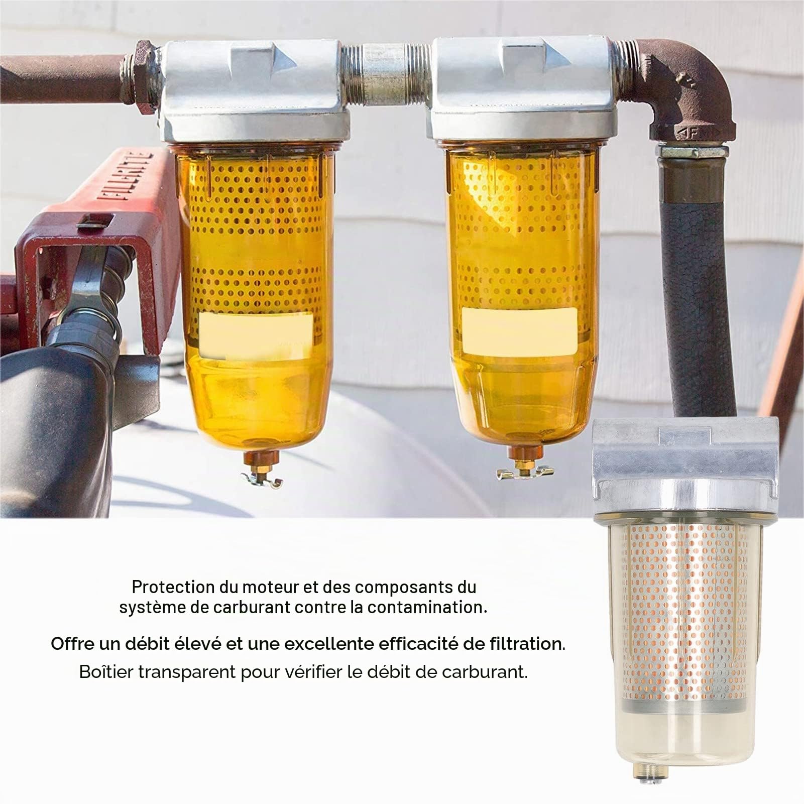 Filtre à carburant transparent 1,3 pouce, Filtre de Remplacement en Acier en Alliage de 30 Micron avec une Soupape de Vidange, 25 Gpm de Débit pour L'essence, diesel