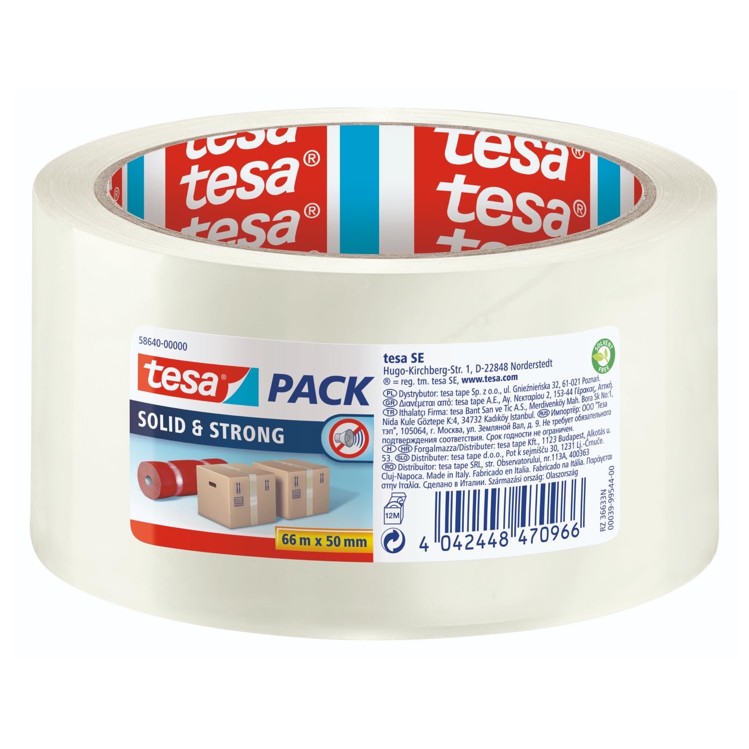 tesa tesapack Solid & Strong - leise abrollbares Paketband/Packband zum sicheren Verschließen von Paketen. Verfügbar in: Transparent und Braun