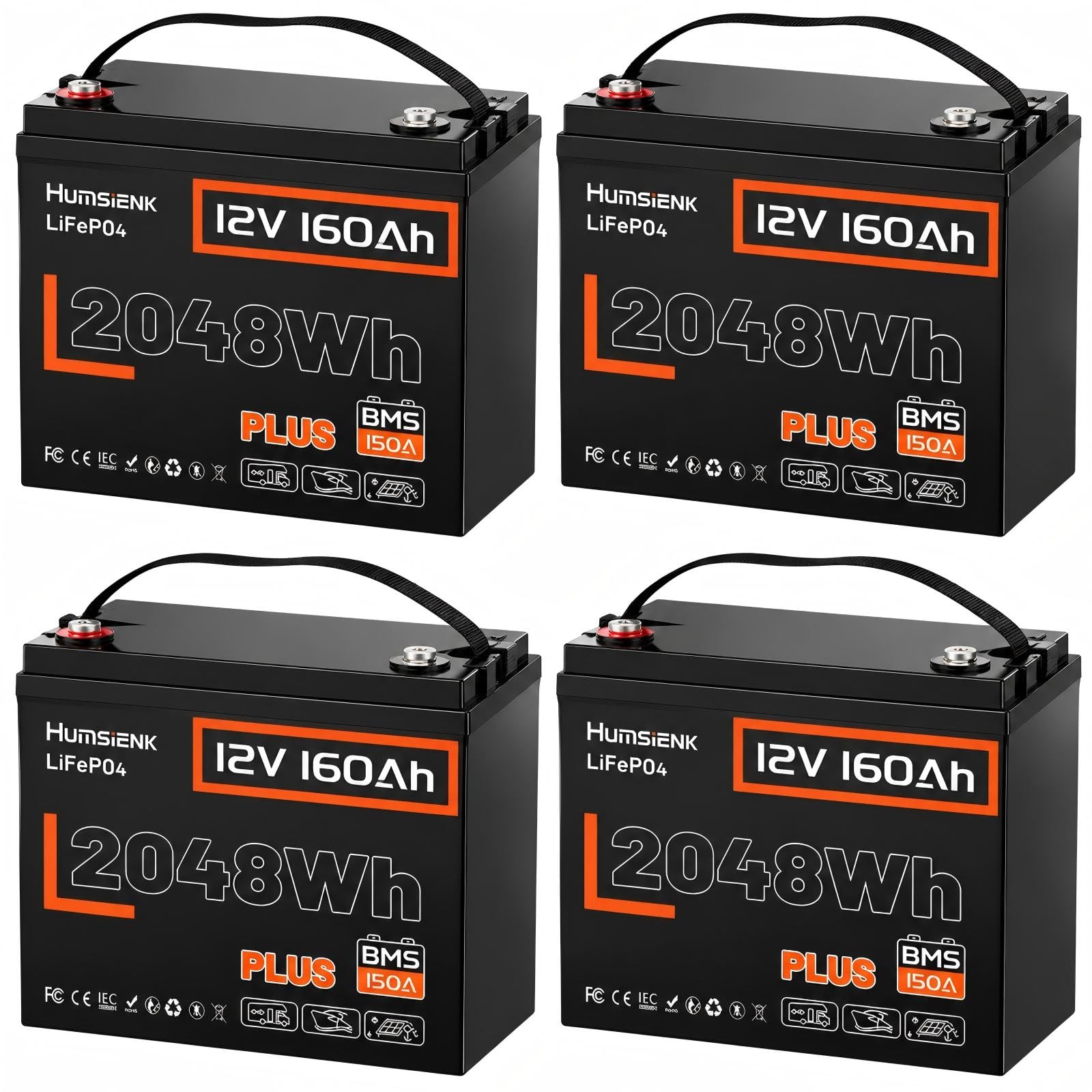 HumsiENK 4 Pack 12V 160Ah (150Ah) Plus LiFePO4 Lithium Battery, Deep Cycles
