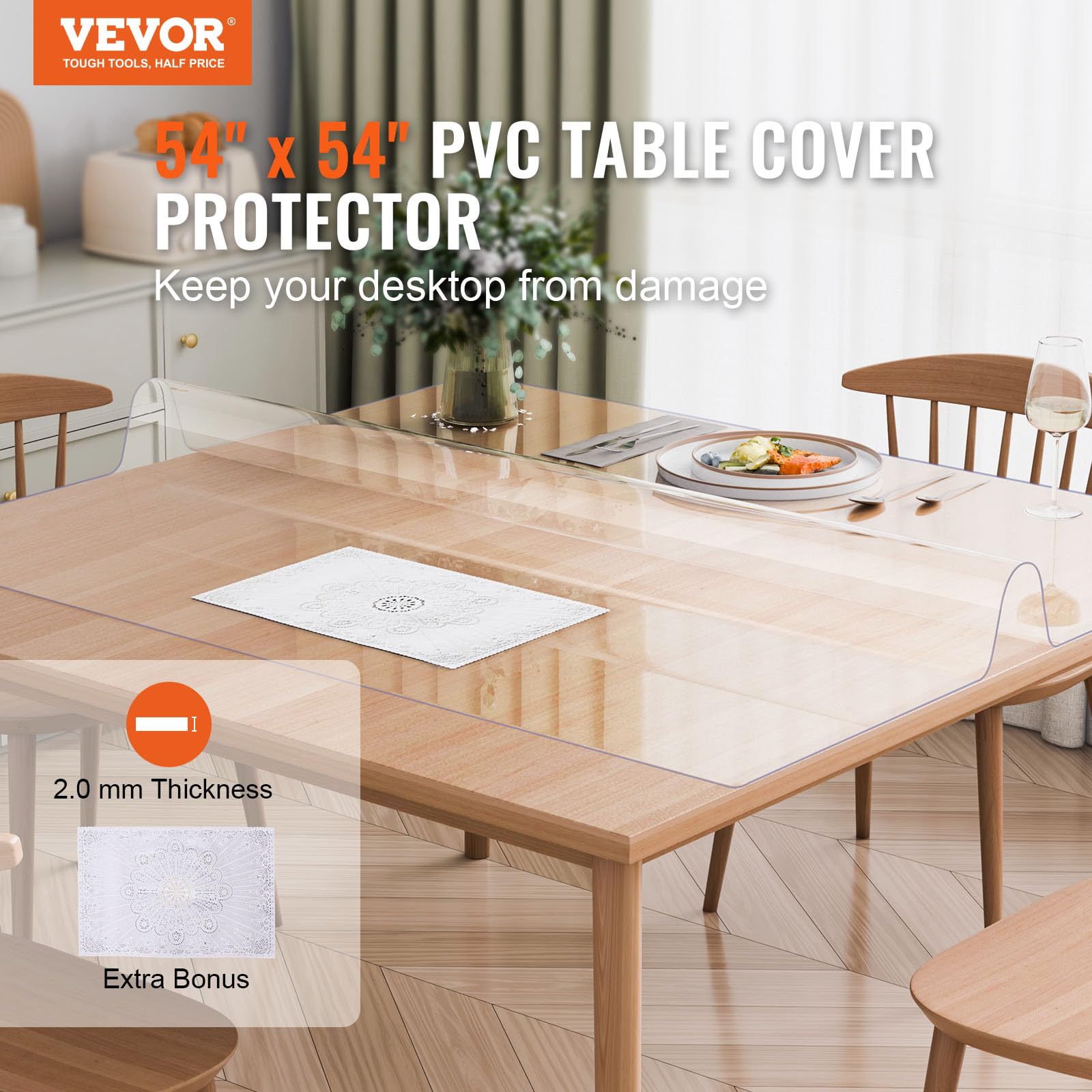 VEVOR Tovaglia Protezione per Tavolo Tappetino Quadrato Trasparente per Tavolo 1372 x 1372 mm Pellicola Protettiva Impermeabile per Tavolo, Tovaglia, Tavolo per Ufficio, Tavolo da Pranzo