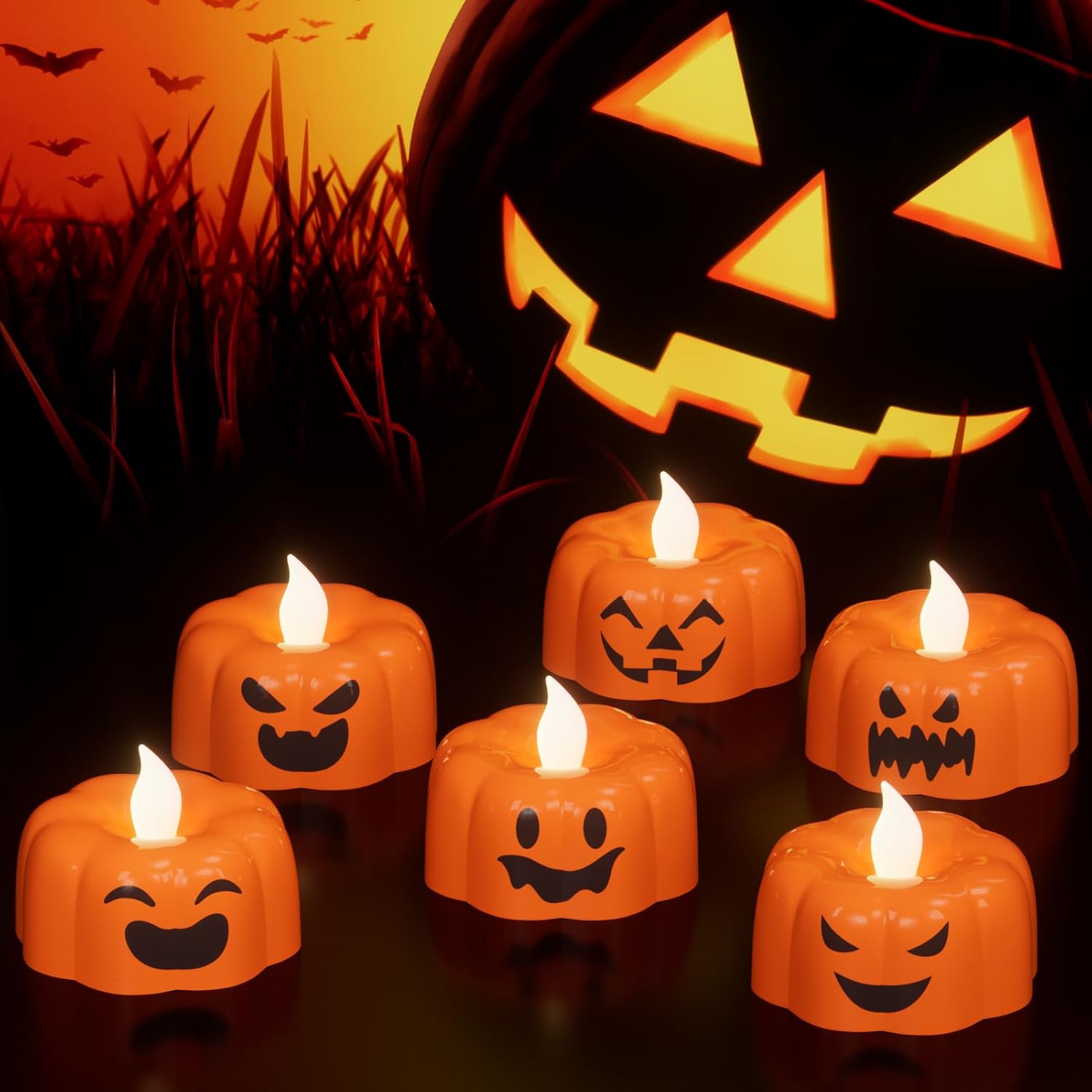 Eldnacele Ghost Flickering Flameless Candles with Remote & Timer,Battery Operated Warm Light White Plastic LED Candles Set of 6 for Halloween Indoor Spooky Face Ambiance Decor(2×2 .4Inches)