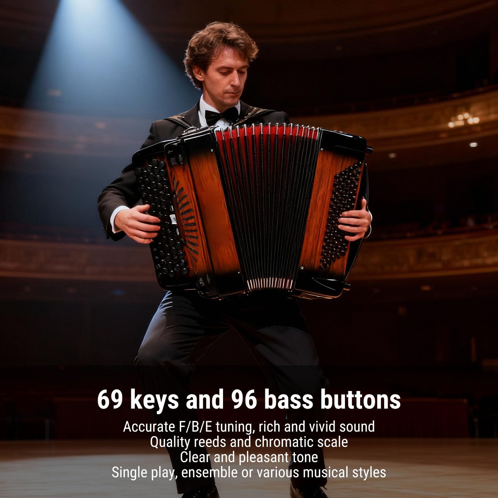 Fockety Fisarmonica, 69 Tasti 96 Pulsanti Bassi Scala Cromatica Strumento Bayan F B E Accordatura Fisarmonica Musicale con Custodia Protettiva Spessa per Giocatori Principianti Adulti