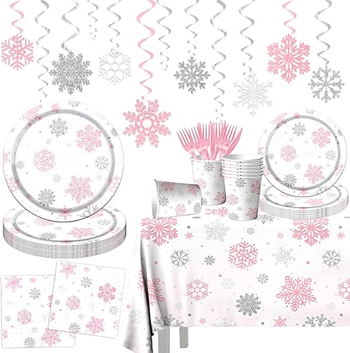 Miniatura 1 de 142 piezas de vajilla de copo de nieve de invierno, decoración de fiesta de copo de nieve de invierno, diseño de copo de nieve rosa y blanco con