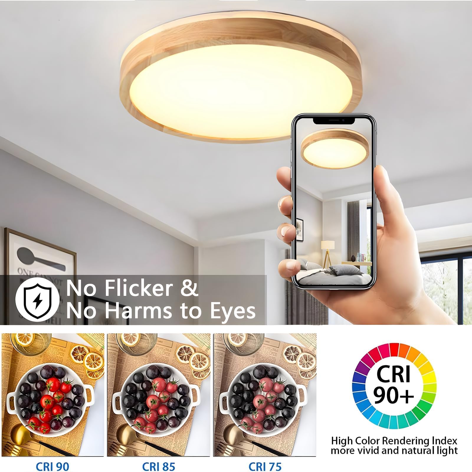 Lámpara techo LED madera, lámpara madera natural redonda con brillo superior de 360°| Regulable con mando distancia 2700K-6500K 30W | Salón Comedor Pasillo Hogar Oficina Habitación(Ø40cm)