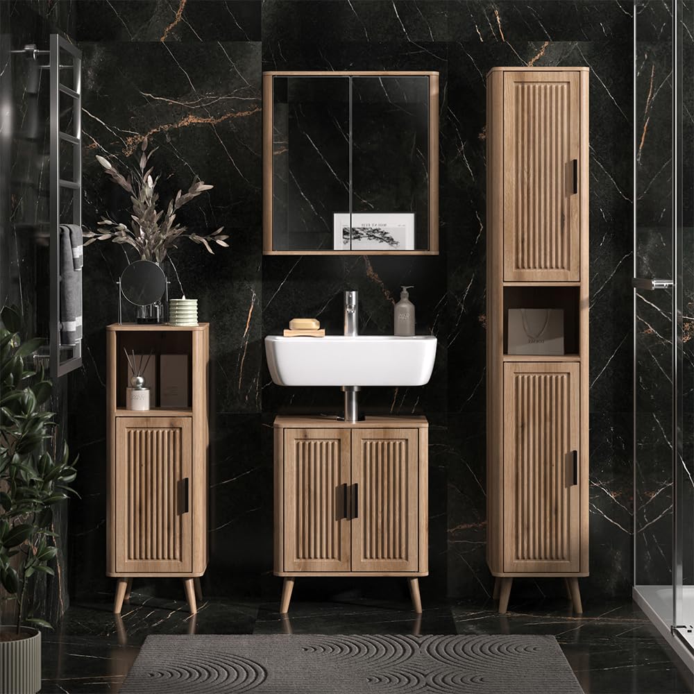 Vicco Badmöbel-Set Skara, Eiche, 48 cm, besteht aus Badspiegel und Waschbeckenunterschrank