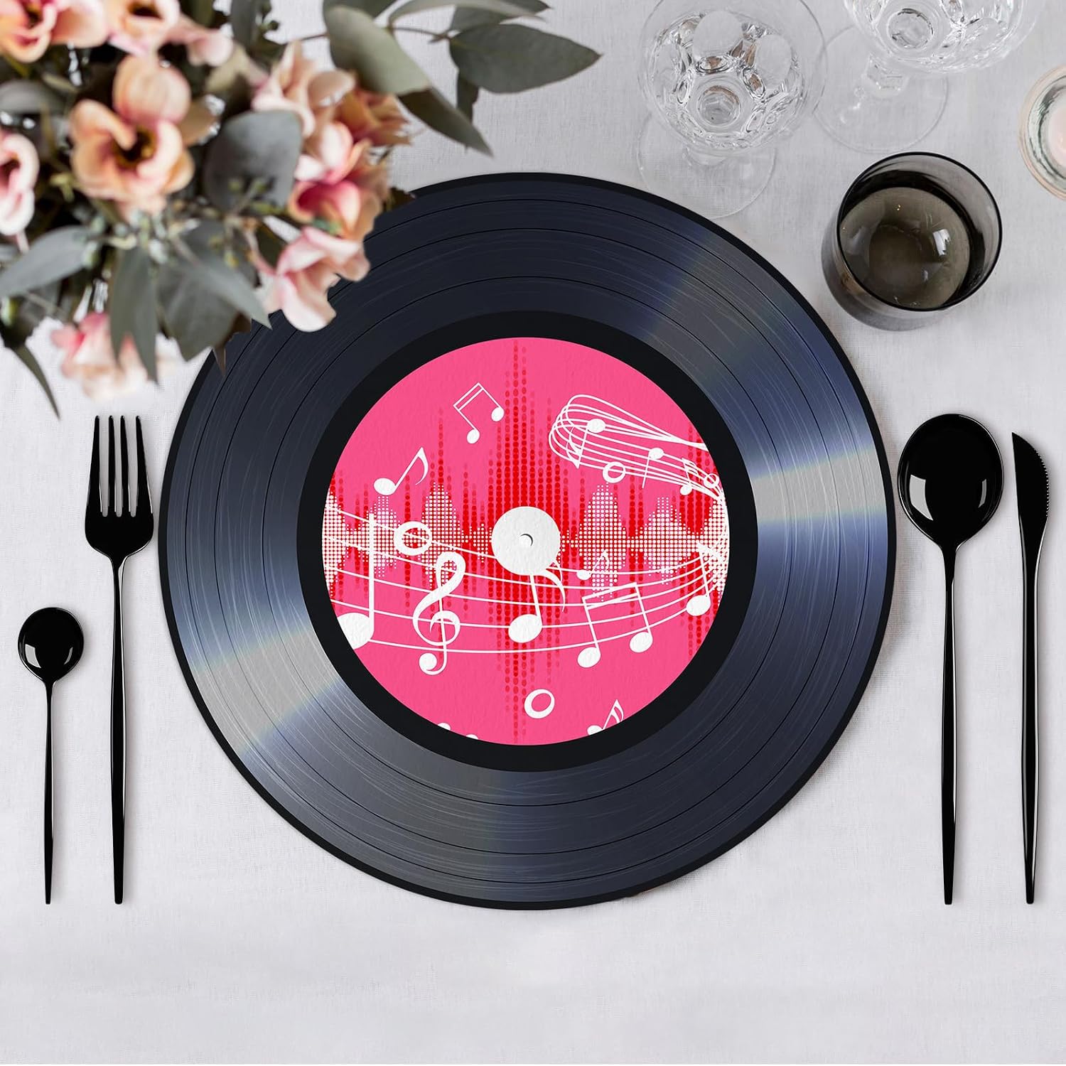 60PCS Record Paper Placemats Disposable 13.7 Inch Rock and Roll Vinyl Record Place Mats Vintage Musical Theme Round Table Mats for Dinner Table Decor Birthday 50s Theme Rock Music Party Supplies