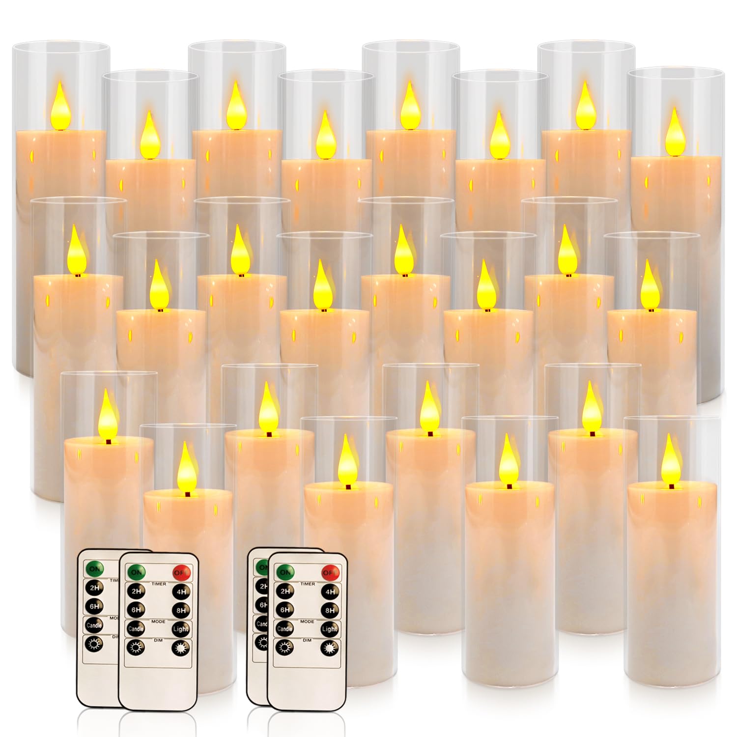 24 velas LED acrílicas sin llama con 4 mandos a distancia, blanco, parpadeante, transparente, adecuadas para bodas, fiestas, decoración del hogar y al aire libre.