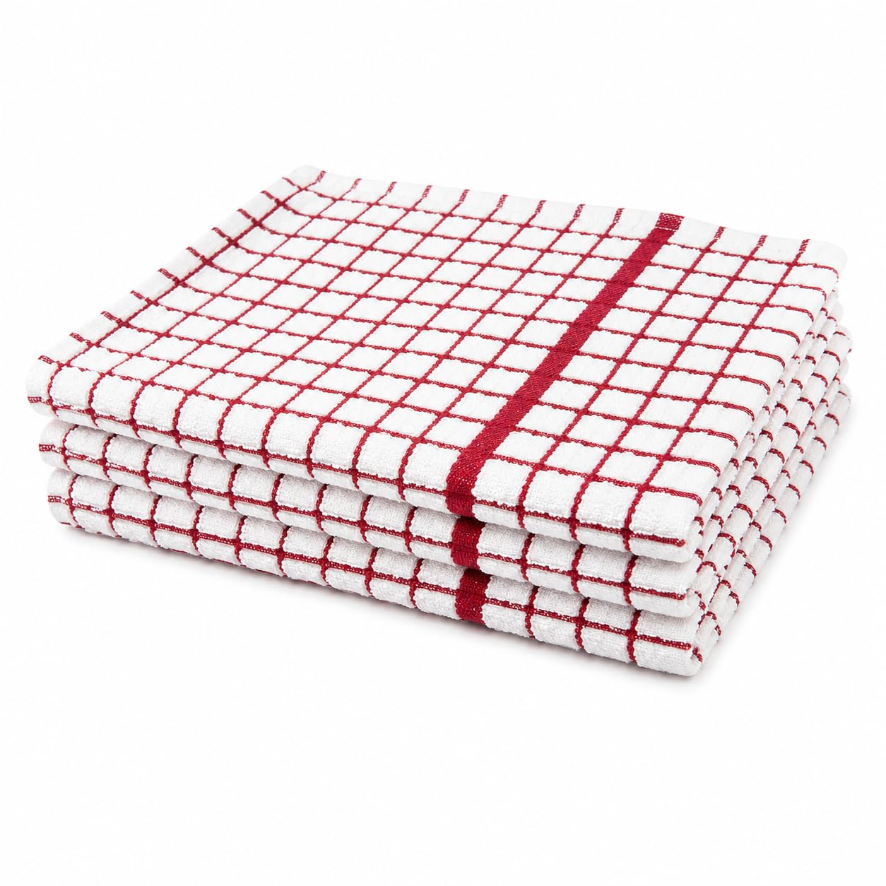 Luxury Terry Check Tea Towels 3 Pack | 50 x 70 cm | 100% Cotton Kitchen Towels | Super Absorbent & Durable | Soft Terry Weave kitchen & home Cloths | Machine Washable | Check Design |Red/white|