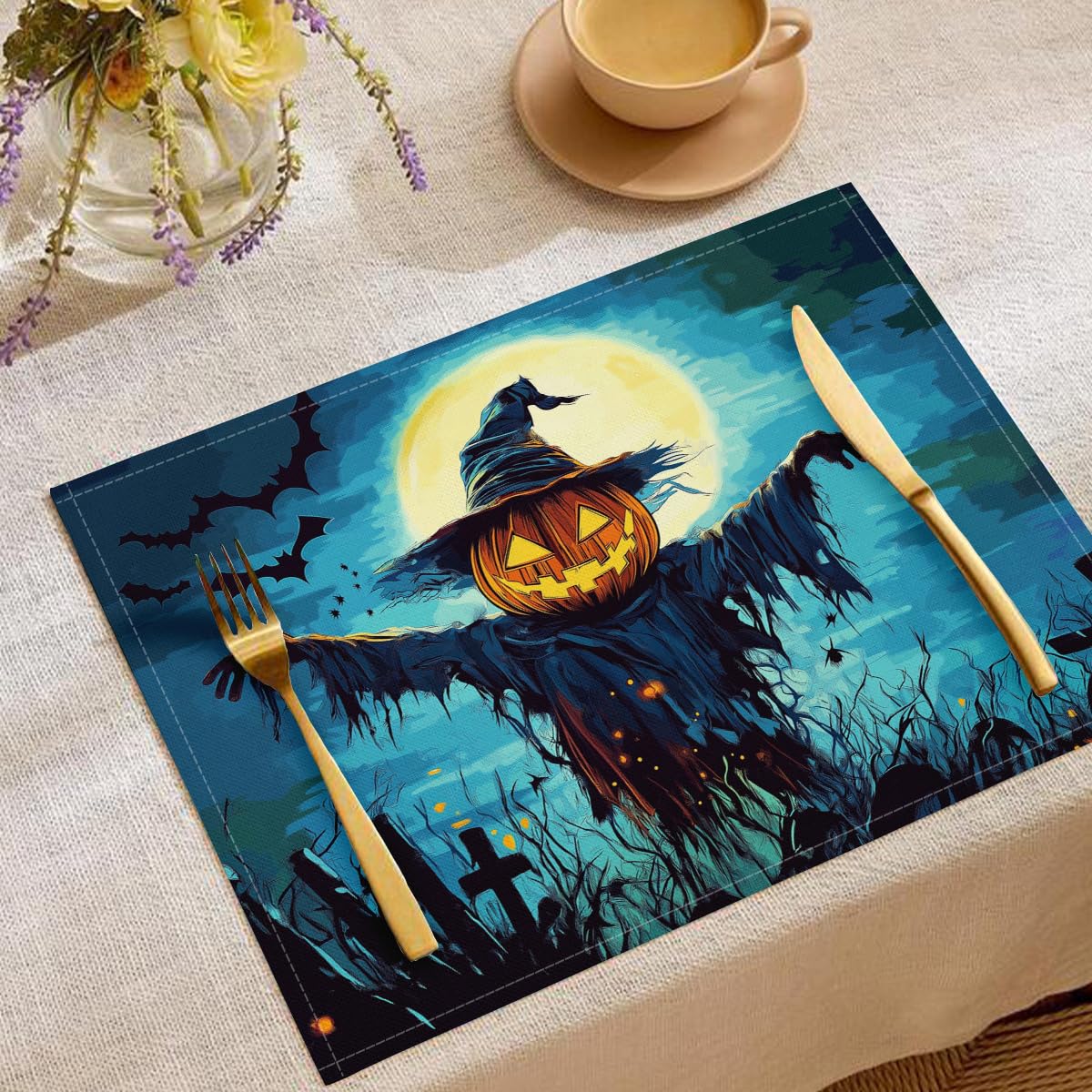 Sets de table d'Halloween bleu clair lavables de 30x45 cm contre les taches de fête