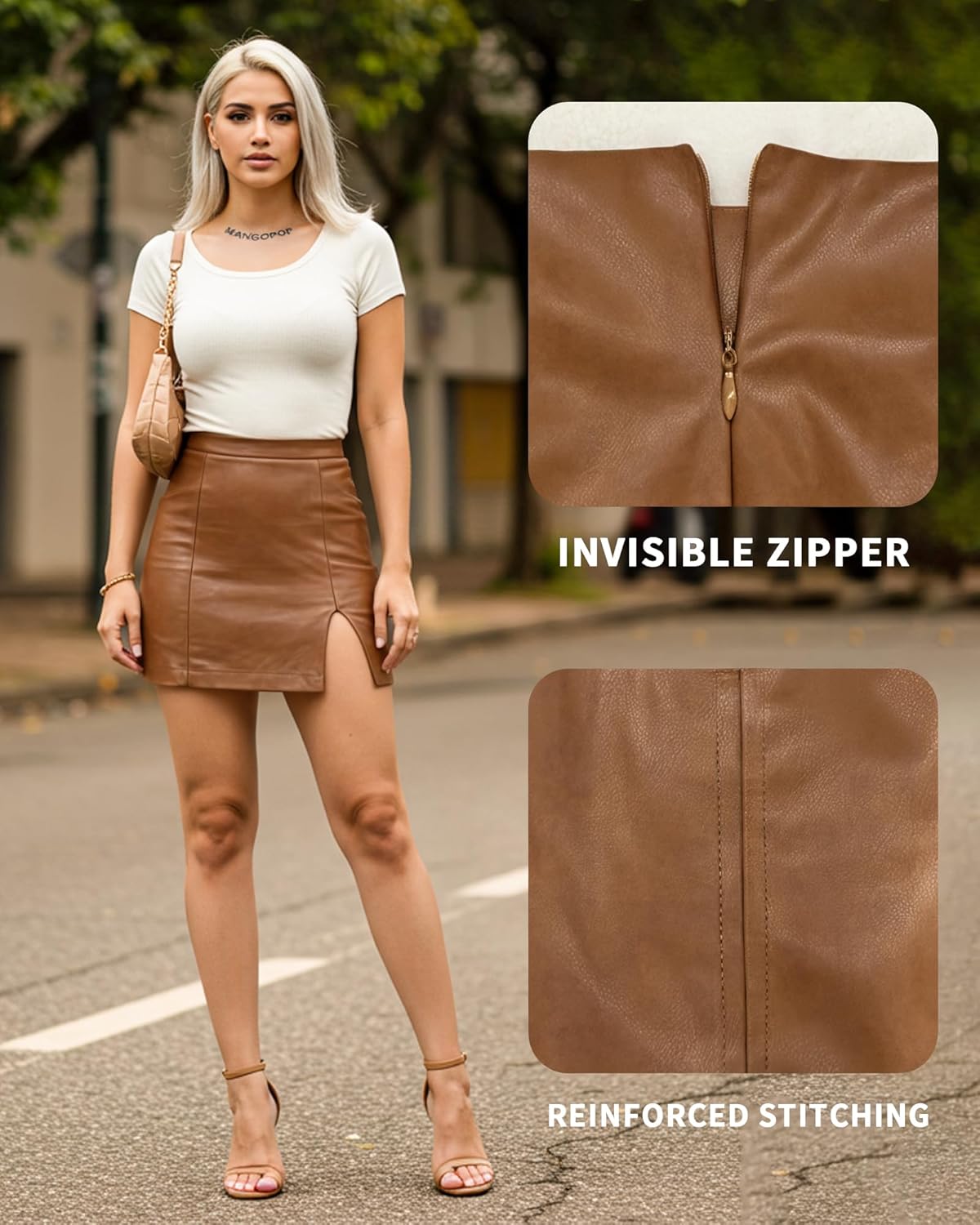 MANGOPOP Womens High Waist Bodycon Mini Short Faux Leather Skirt with Slit - Image 4