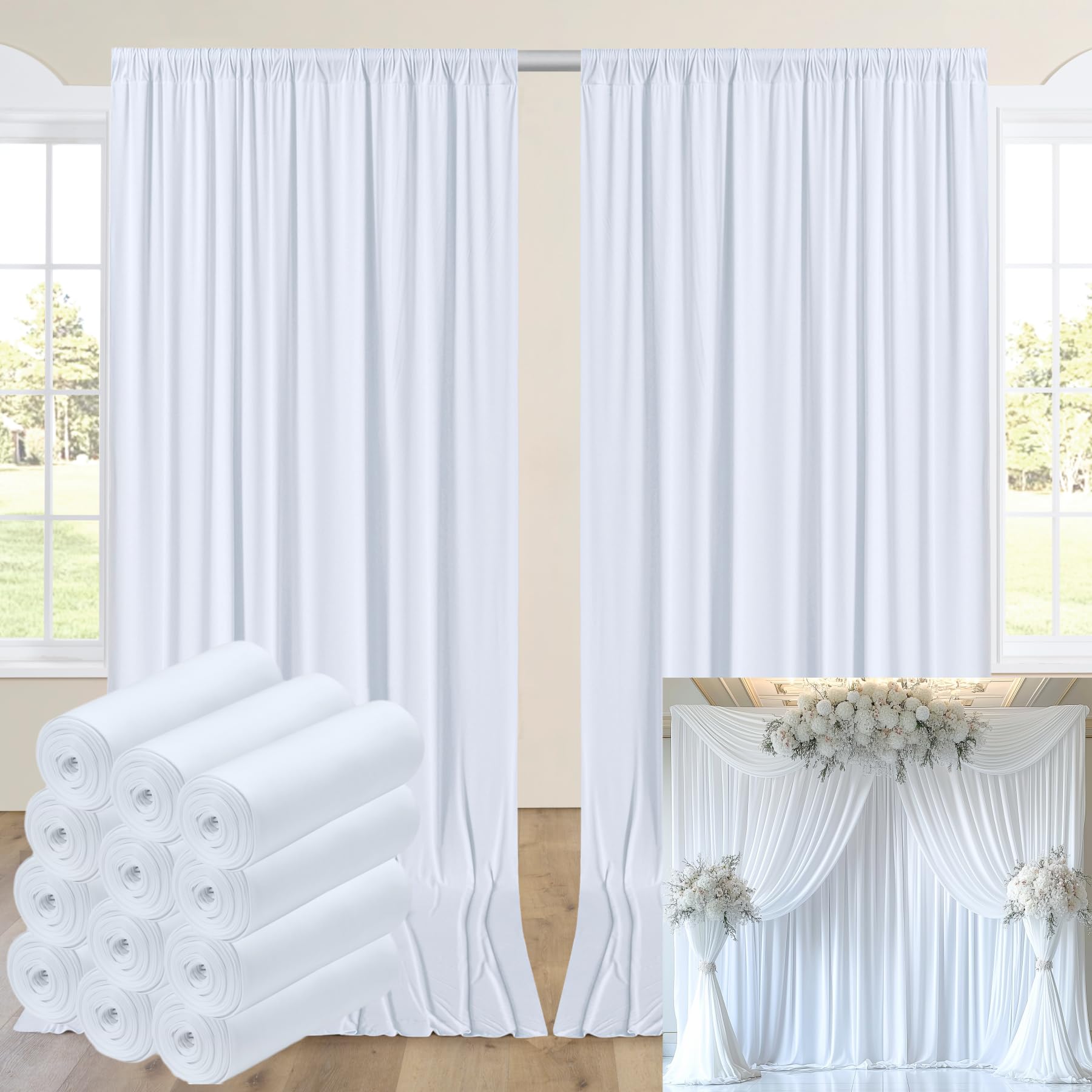 60ftx14FT Wrinkle Free White Backdrop Curtain, 12 Panels 14FT Height White Wedding Backdrop Drapes, Silky Polyester Back Drop Cloth for Birthday