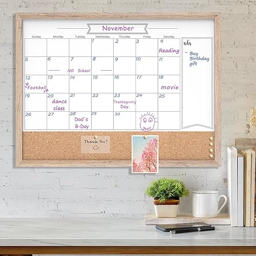 Miniatura 6 de Pizarra blanca con calendario y corcho, 18 x 24 pulgadas, pizarra blanca de borrado en seco y tablón de anuncios, calendario de marco marrón