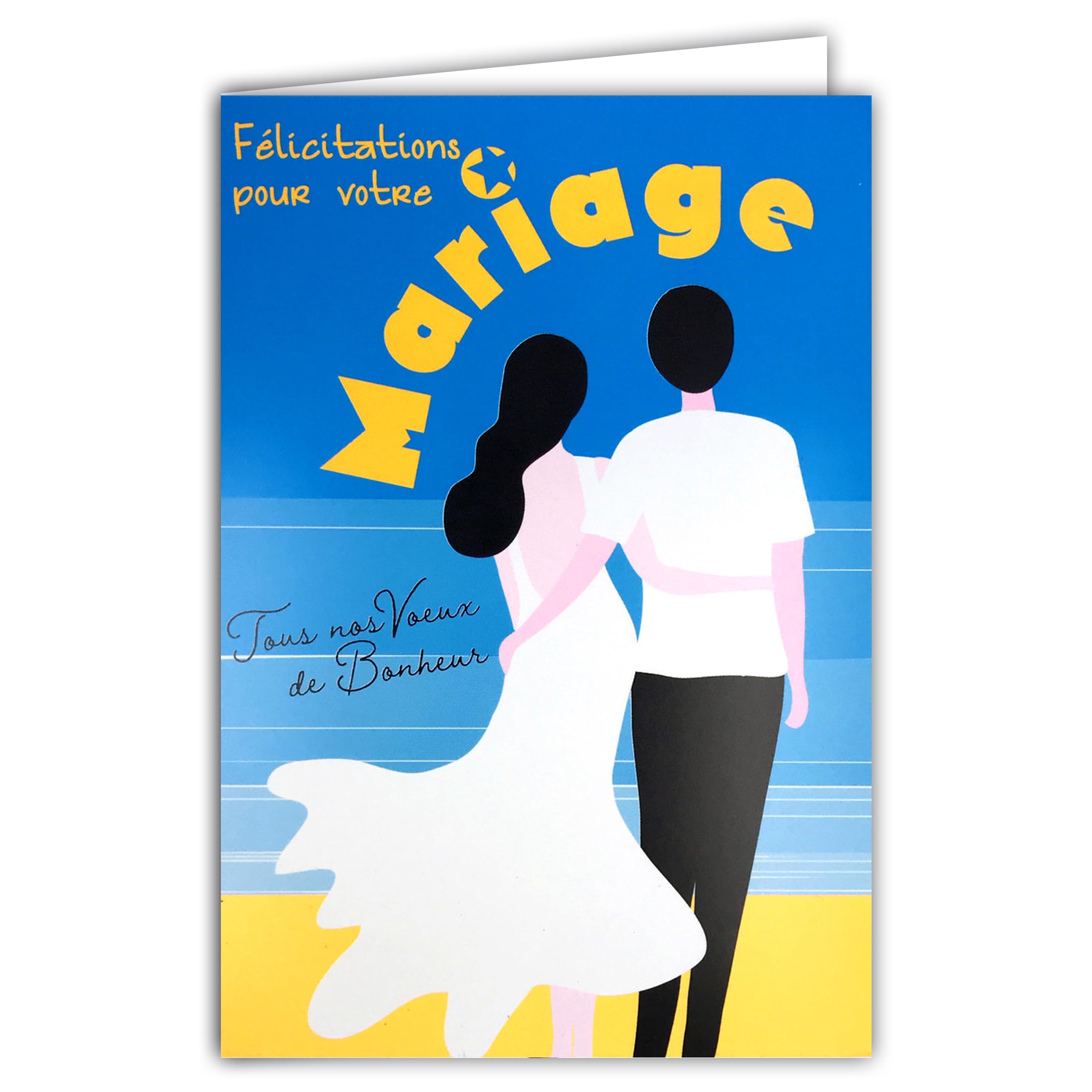69-8141 Congratulations on Your Wedding Card - All Our Good Luck Couple Man Woman Beach of Sand Sea - With Envelope 12 x 17.5 cm - White Interior - Fluorescent Inks - Created and Made in France