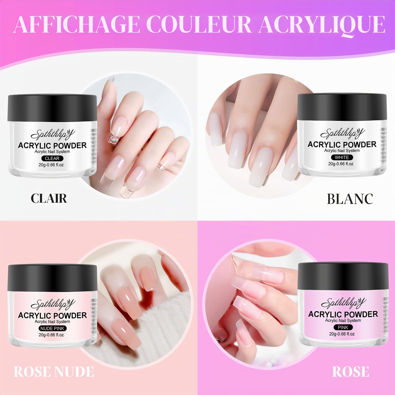 4PCS Poudre Acrylique pour Ongles SPTHTHHPY et 75ML Liquide Acrylique, Kit Vernis à Ongles Complet, Convient Aux Débutants et Aux