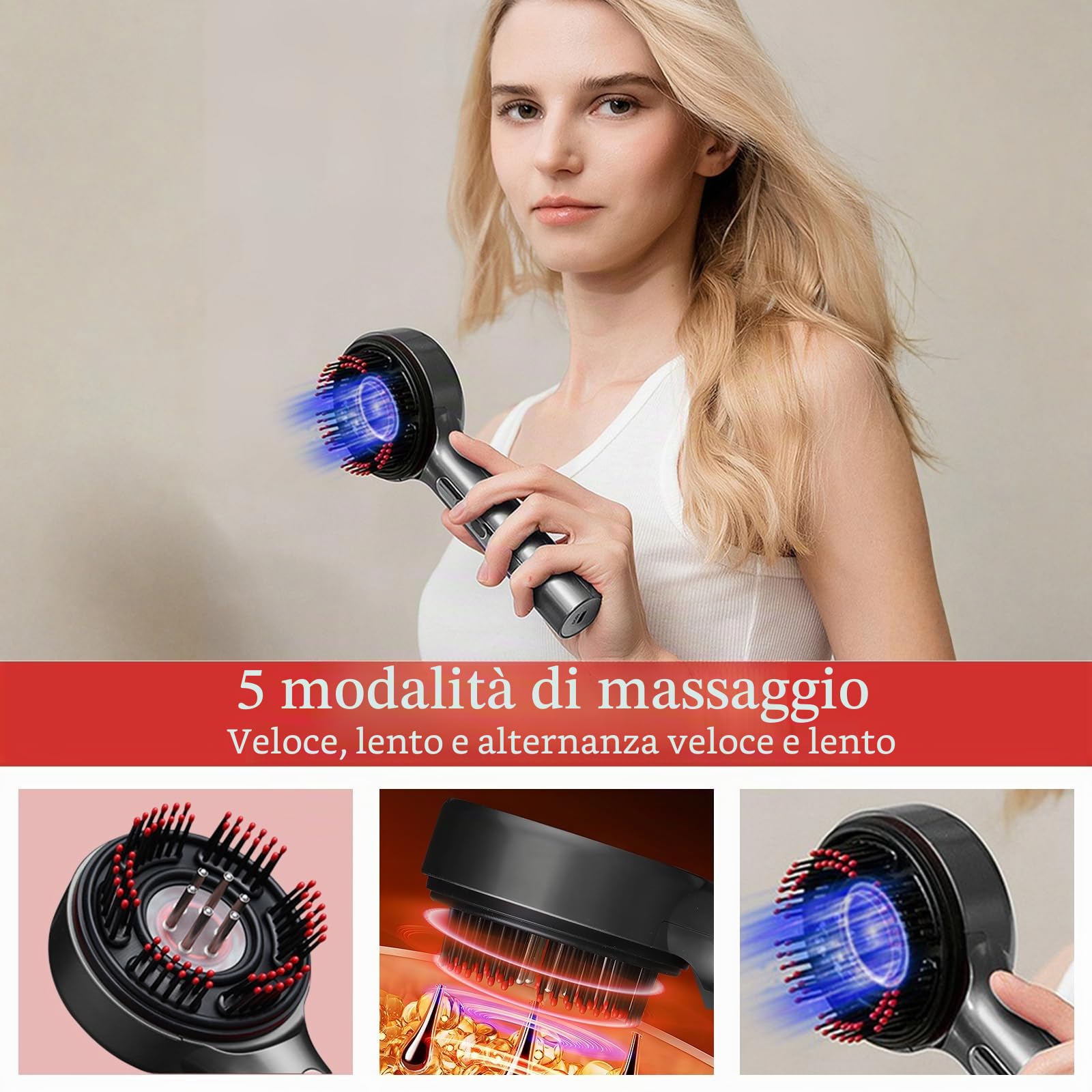 Massaggiatore Elettrico per Cuoio Capelluto, 2-in-1 Spazzola Massaggiante con Luce Rossa, Blu e Viola, 5 Velocità, IPX7 Impermeabile, Massaggio 360° per Cura dei Capelli e del Scalp – Regalo Unisex