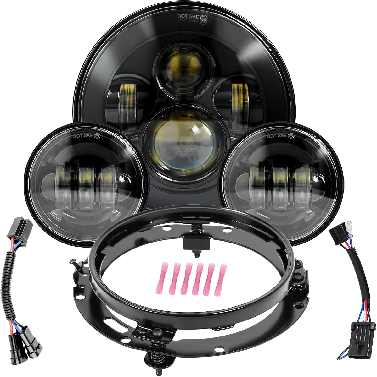 Wisamic Motorcycle LED Headlight 7 inch, 4.5 inch Passing Lamps Fog Lights | Compatible with Harley Davidson Road King Ultra Classic Electra Street Glide Softail Deluxe Fatboy, 4.5" Mounting Ring