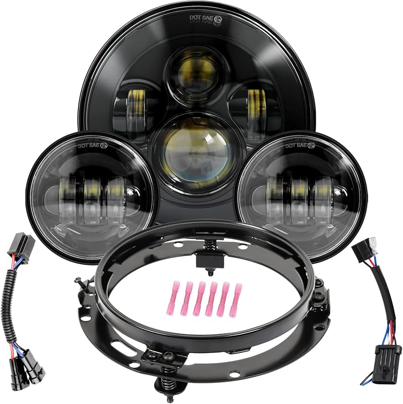 Wisamic Motorcycle LED Headlight 7 inch, 4.5 inch Passing Lamps Fog Lights | Compatible with Harley Davidson Road King Ultra Classic Electra Street Glide Softail Deluxe Fatboy, 4.5" Mounting Ring