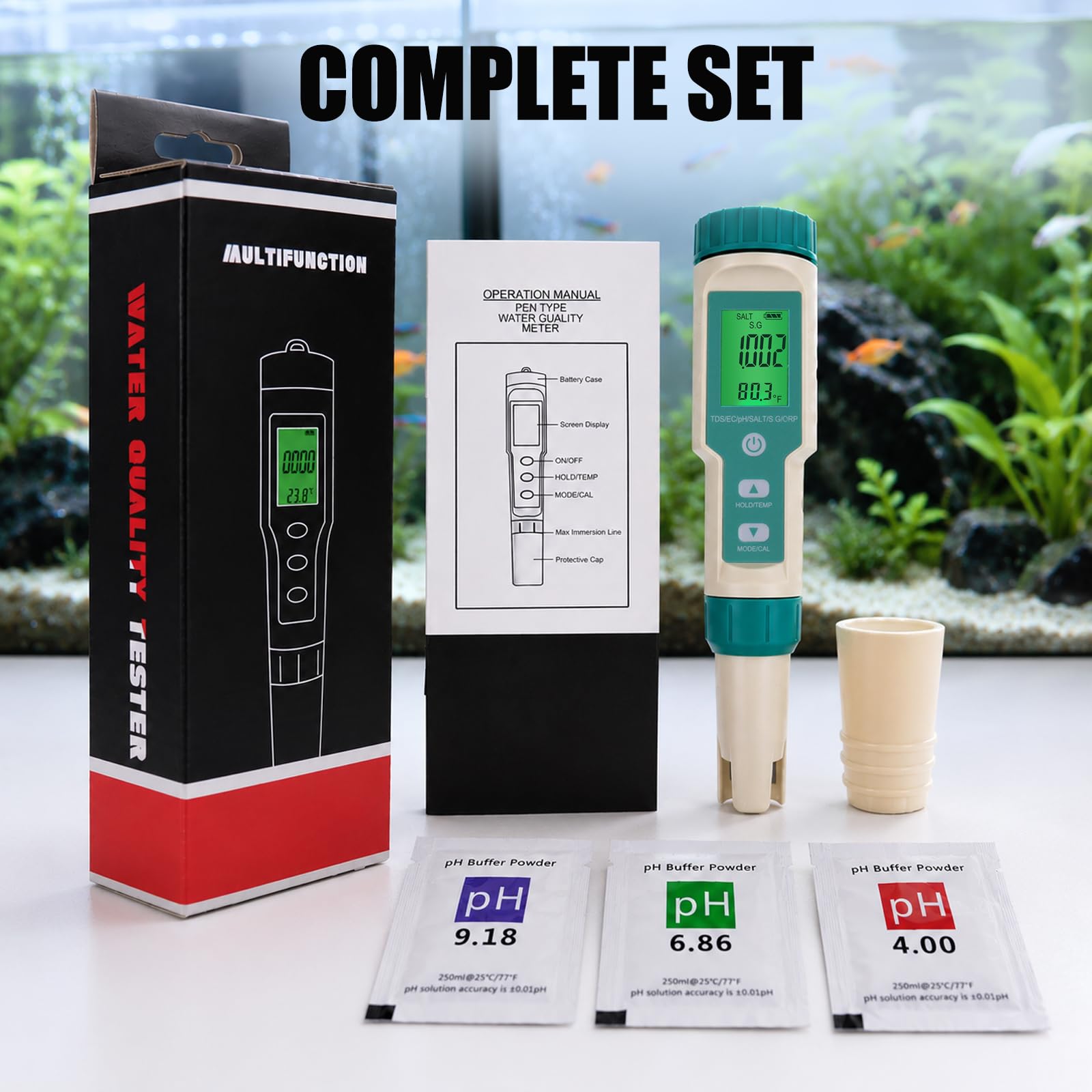 Testeur Eau 7-en-1 pH TDS EC ORP Salinité SG Temp | Étanche IP67, Calibrage Auto, Écran Rétroéclairé, Sonde Remplaçable, ATC, Poudres Calibrage pH Incluses.
