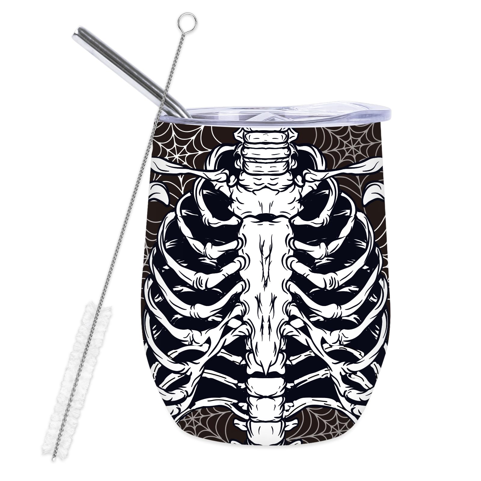 Gobelet à vin isotherme Halloween Whaline en acier inoxydable noir et blanc avec paille