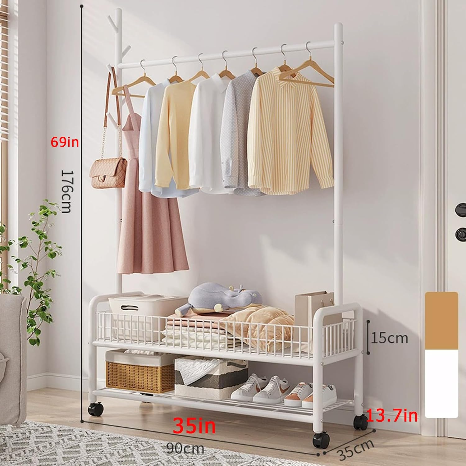 MYUPDALIN Clothes Rack with Shelves, Clothing Rack with Wheels, Multifunctional Hangers with Storage Baskets and Shoe Racks, Ideal for Bedrooms and Living Rooms (White, Bold 90cm/35in)