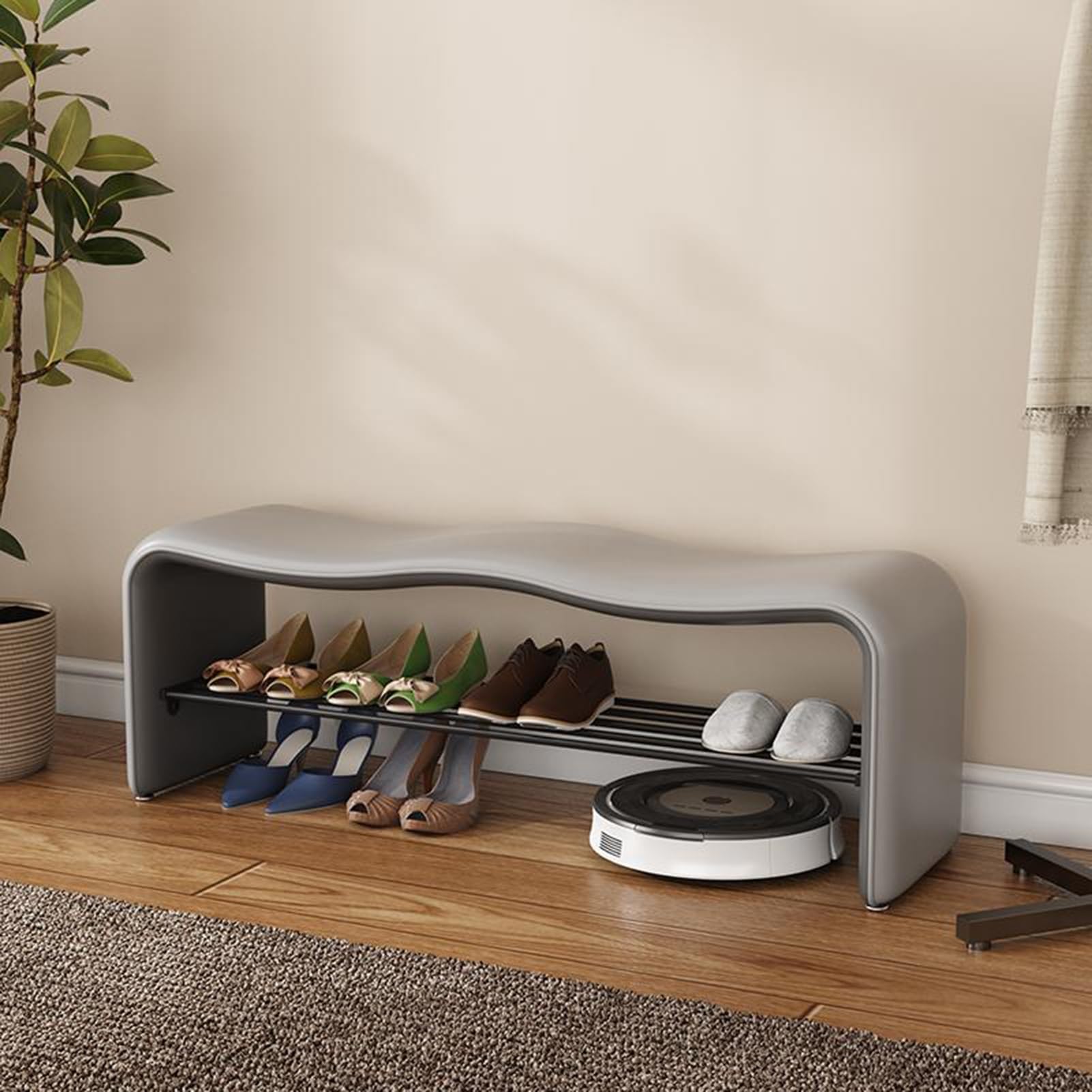 Étagère à chaussures moderne 2 niveaux banc rembourré meuble rangement métal gris 100cm