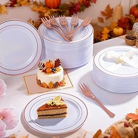 WELLIFE 240 Pieces Rose Gold Plastic Dessert Plates with Disposable Forks, Includes 120 Pcs Appetizers Plates 6.3 inch, 120 Pcs Rose Gold Forks, Perfect for Party and Weddings