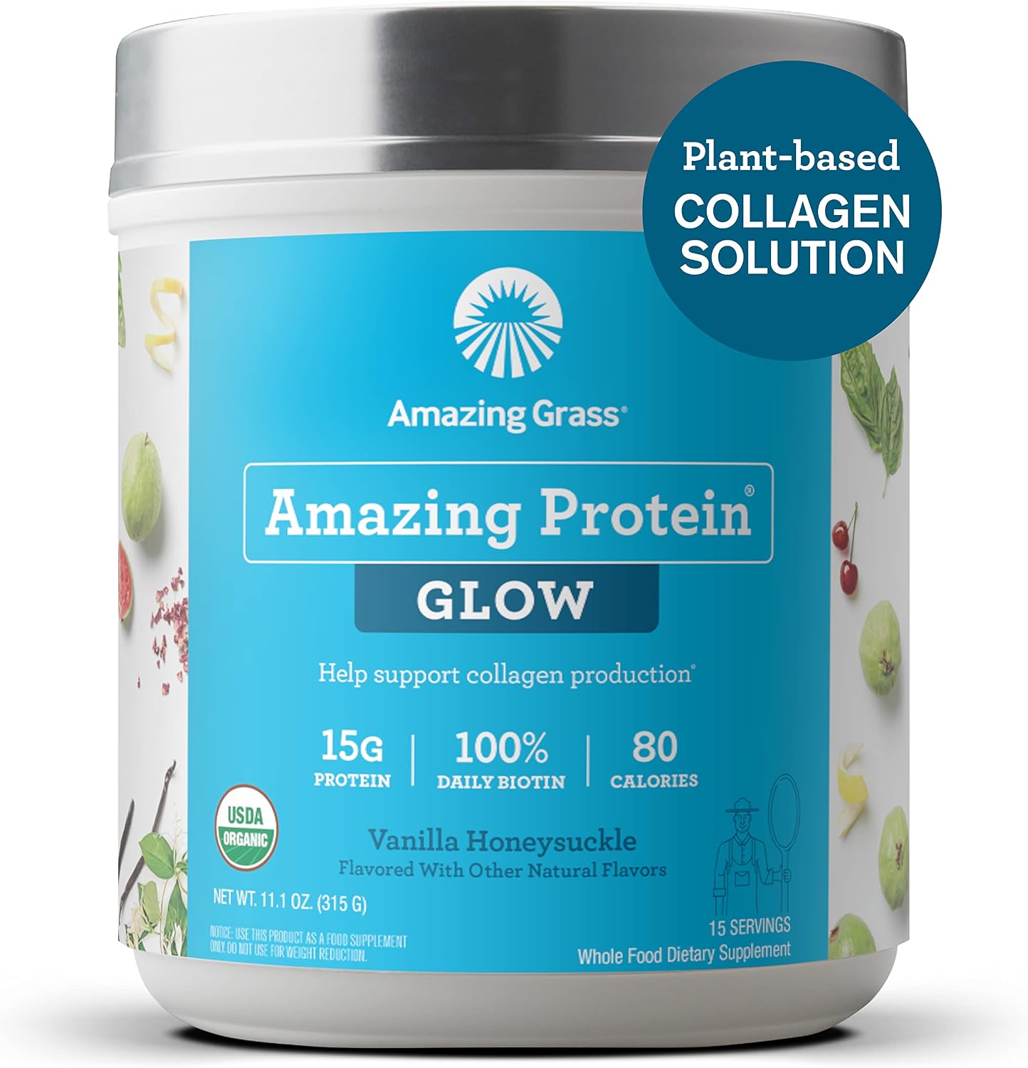 Amazing Grass GLOW Vegan Collagen Support with Biotin and Plant Based Protein Powder, Vanilla Honeysuckle