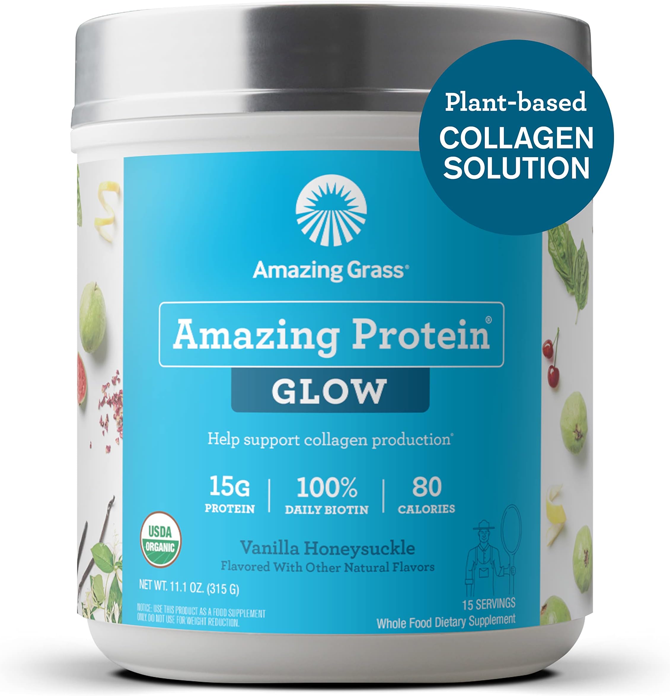 Amazing Grass GLOW Vegan Collagen Support with Biotin and Plant Based Protein Powder, Vanilla Honeysuckle, 15 Servings