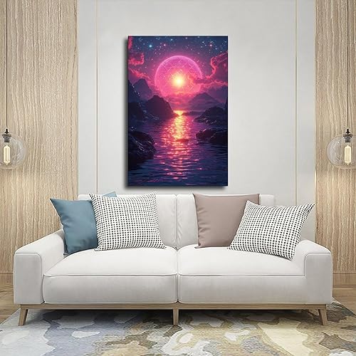 Miniatura 5 de Vaporwave Neon Sunset - Póster de pared con diseño de pixeles, arte futurista, cibernético, moderno, impresiones de pared abstractas, geométricas,