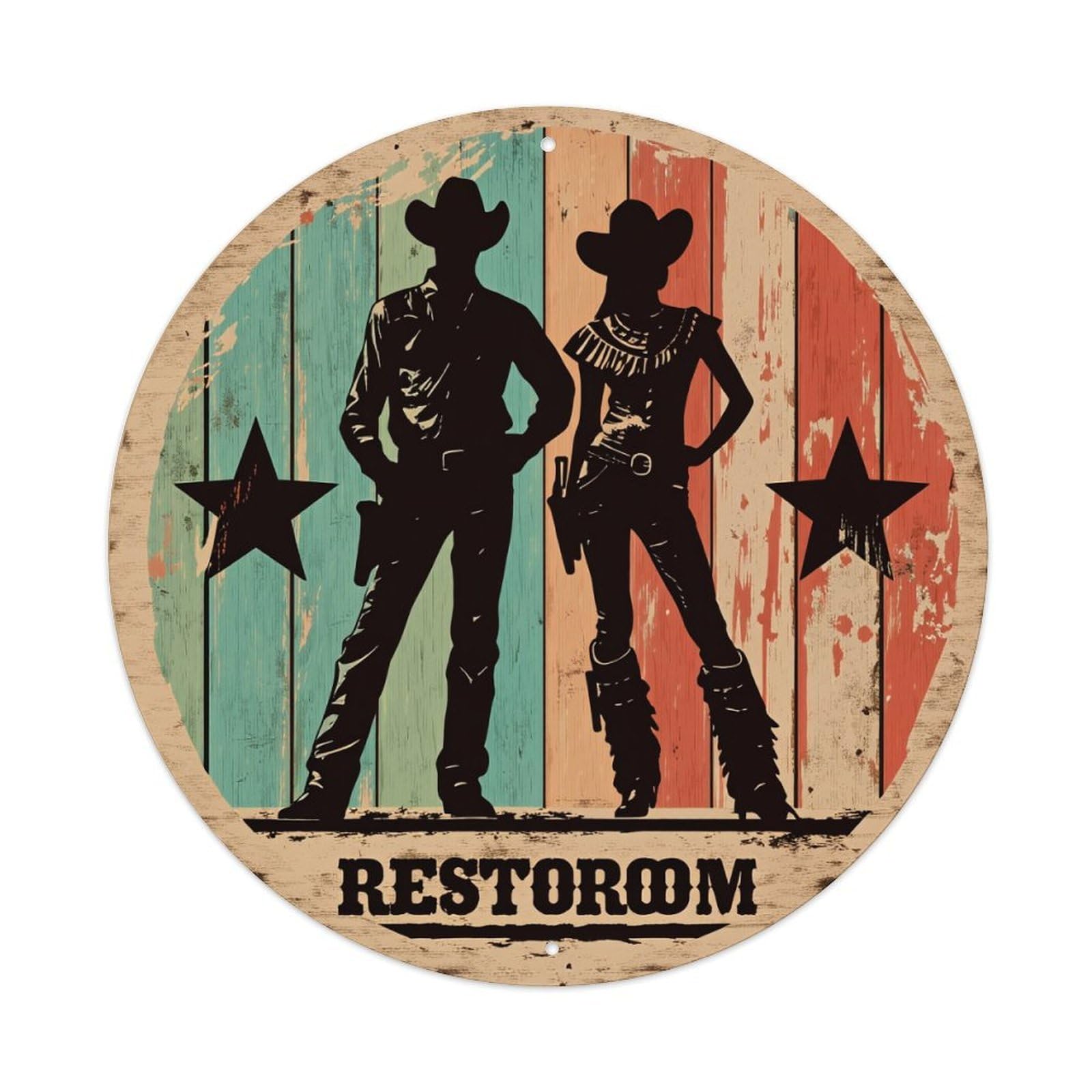 Cowboy And Cowgirl Silhouettes With Stars Round Tin Sign Vintage Metal Poster, Home Bar Garage Man Cave Cafe Indoor & Outdoor Wall Decoration 8x8Inches