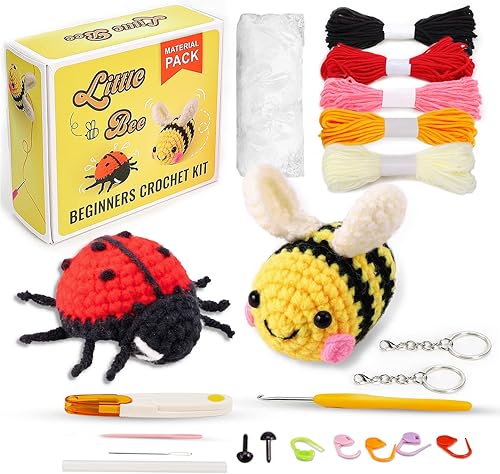 Miniatura 1 de PP OPOUNT Kit completo de ganchillo para principiantes, linda abeja y mariquita, paquete de inicio para adultos y niños, incluye instrucciones paso