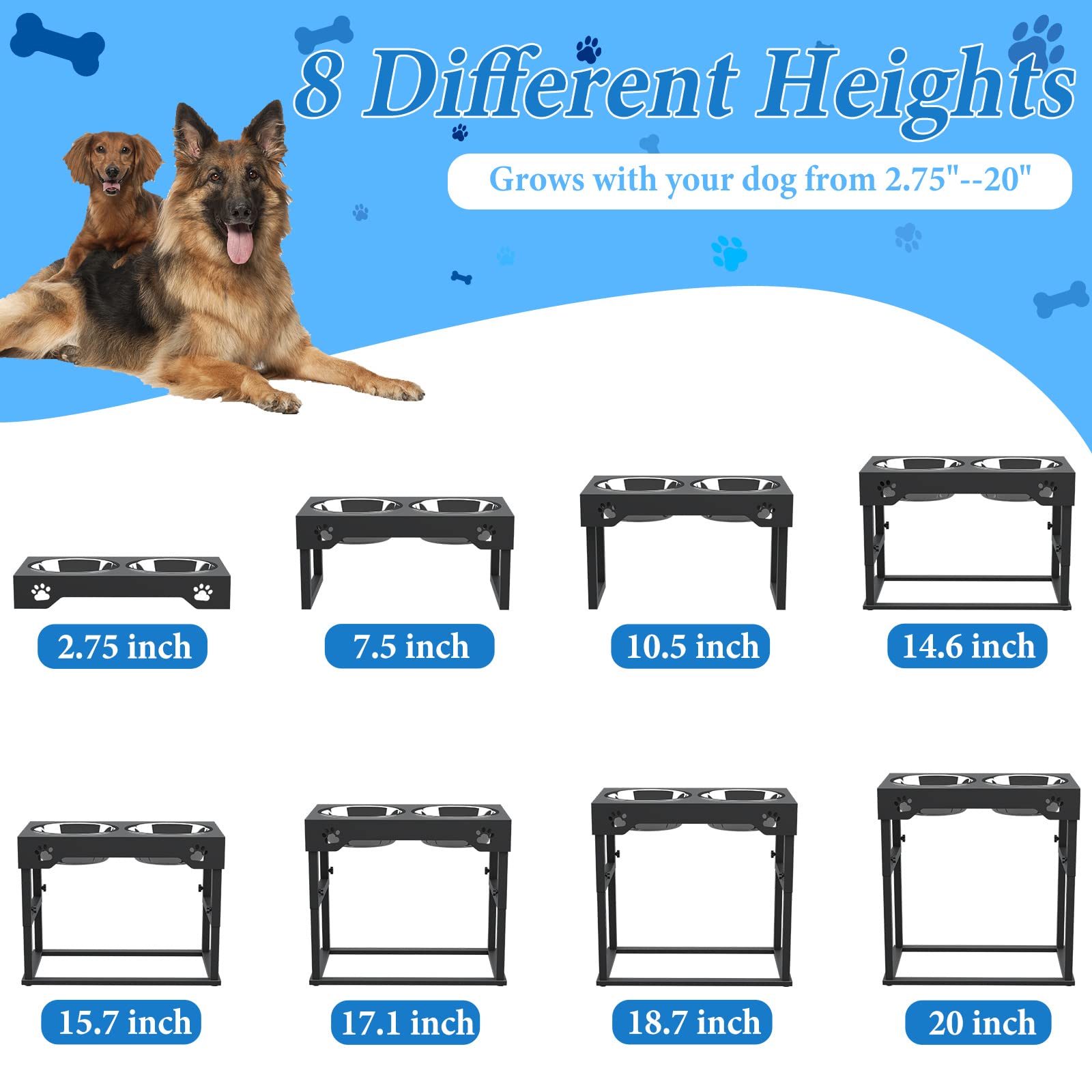 Erhöhter Hundenapf für große Hunde, erhöhter Hundenapfständer, verstellbar auf 8 Höhen (7 cm - 50,8 cm), Hunde-Futterstation mit 2 Edelstahlnäpfen, für kleine, mittelgroße und große Hunde und