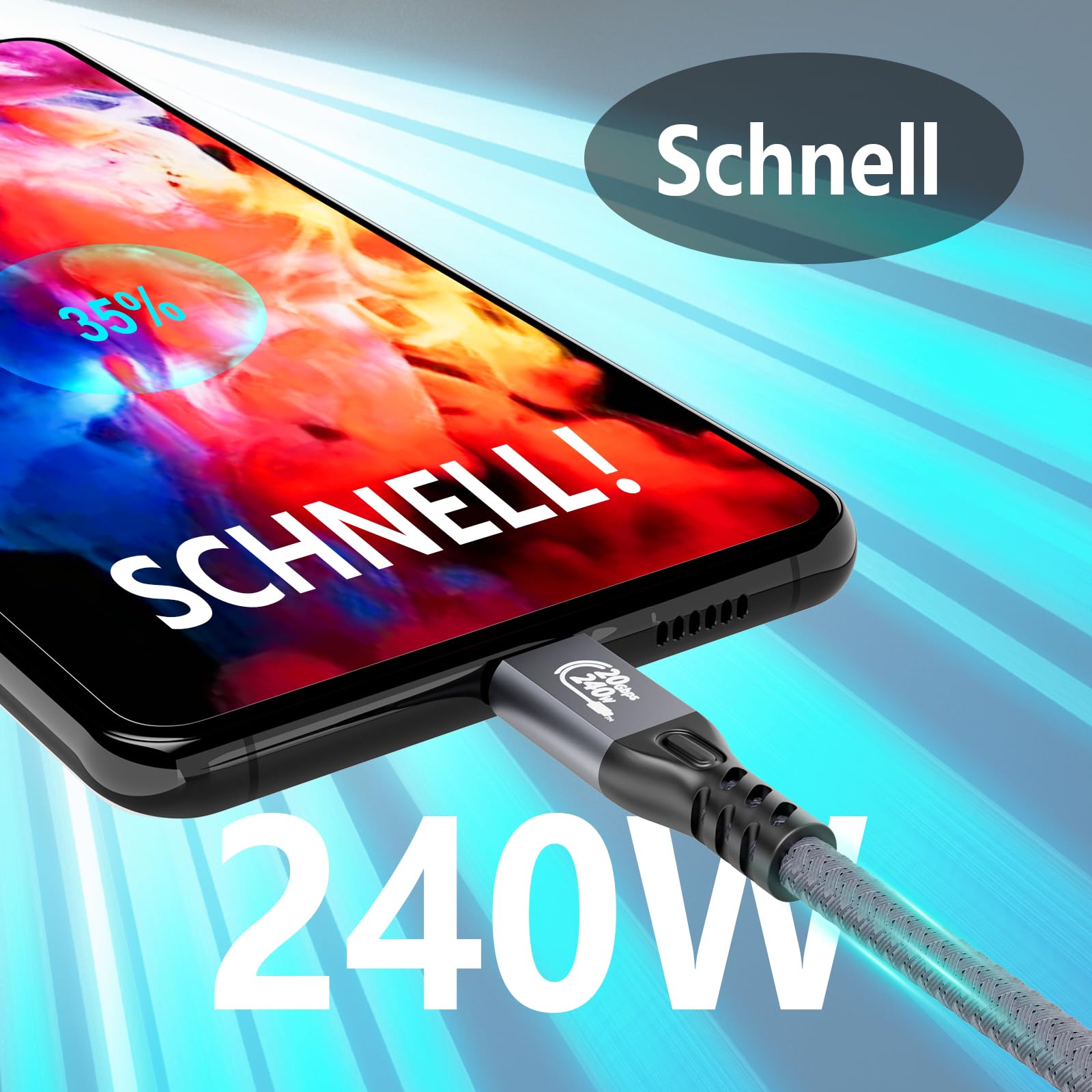 MOPOCHG 240W Cavo USB C 5M, Cavo USB-C 3.2 Gen2 × 2, Velocità 20Gbps Trasmissione Video 4K@60Hz, Cavo USB Type-C Ricarica Rapida per iPhone 16/15 Pro Max, MacBook, Samsung Galaxy S24,Tablet Laptop