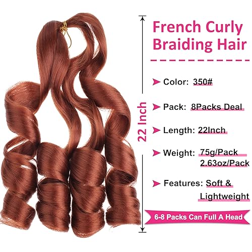 Miniatura 2 de Unionbeauty - Paquete de 8 extensiones de cabello trenzado rizado francés Ginger de 22 pulgadas, cabello trenzado ondulado suelto preestirado y