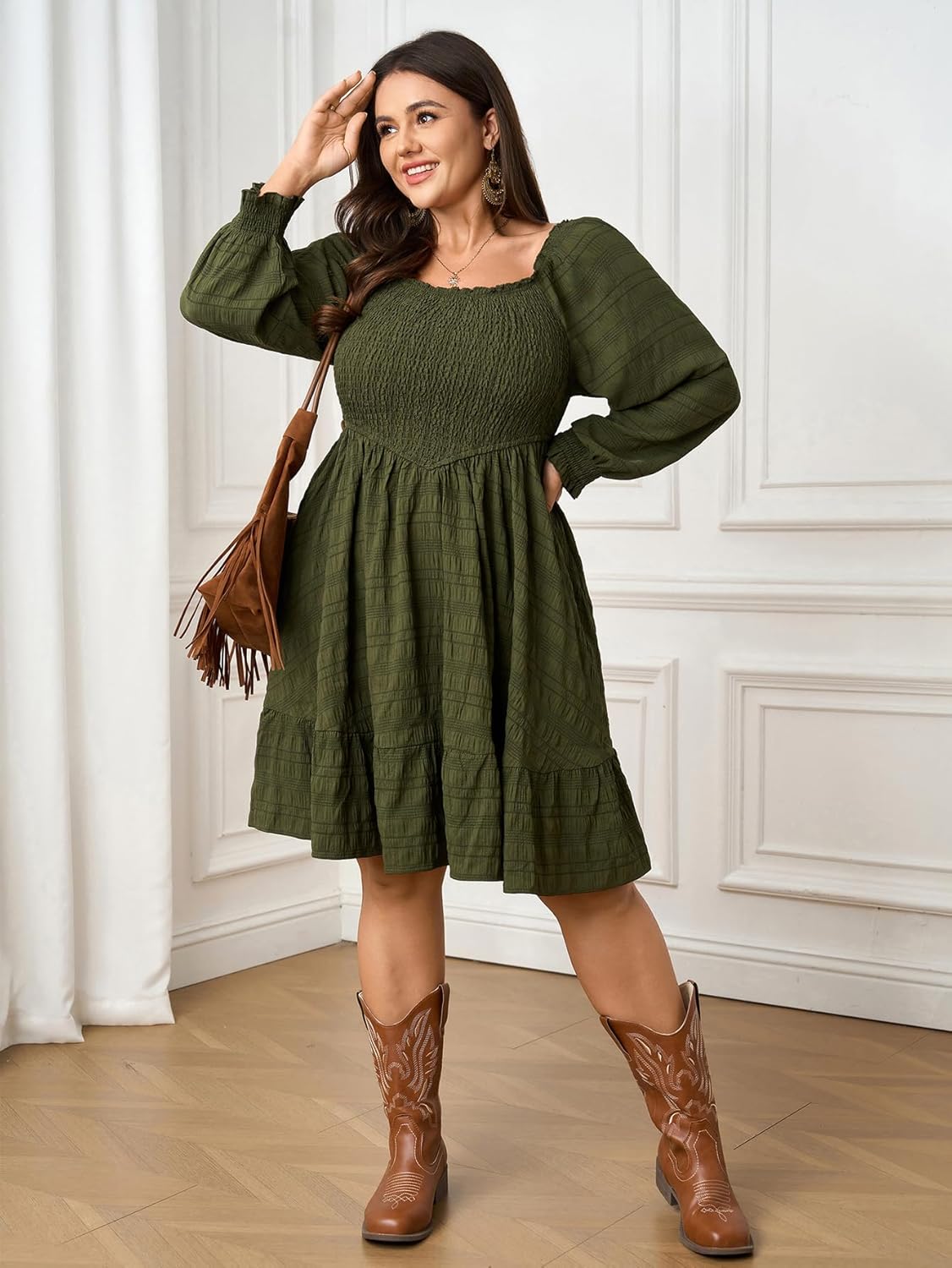 Womens Plus Size Dress Fall Casual Puff Long Sleeve Square Neck Empire Waist Tiered A-line Mini Short Dress - Image 6