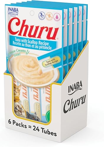 INABA Churu - Bocadillo para gatos, puré cremoso para gatos, sin cereales, que se puede lamer y exprimir, con vitamina E y taurina, 24 tubos de 0.5