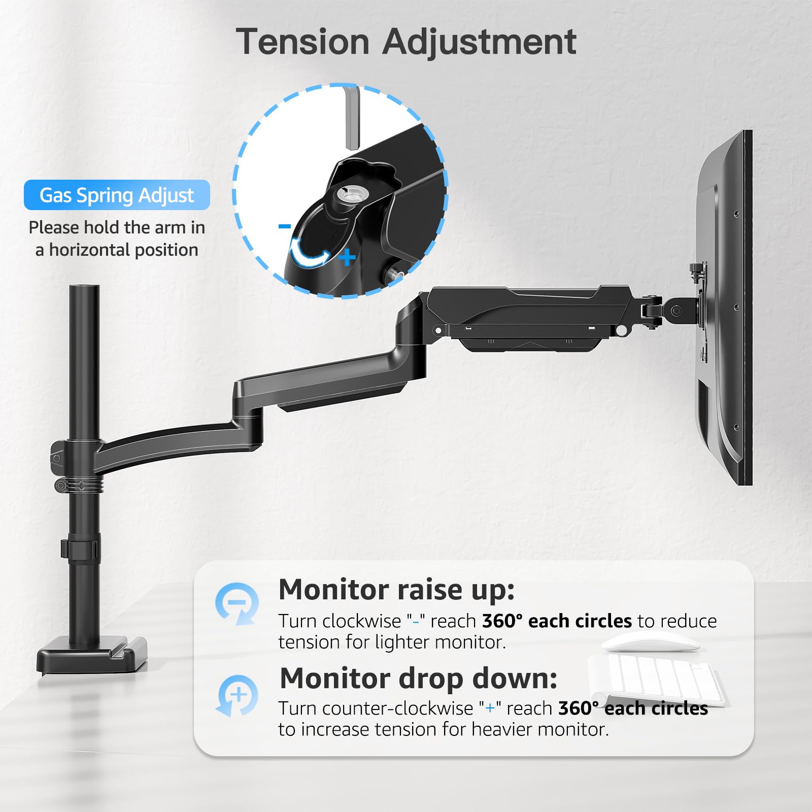 MOUNTUP Brazo de monitor extra largo de 27 pulgadas, soporte de escritorio individual para monitor de 22 a 32 pulgadas, soporte alto para monitor de 4.4 a 20 libras, soporte de altura ajustable para