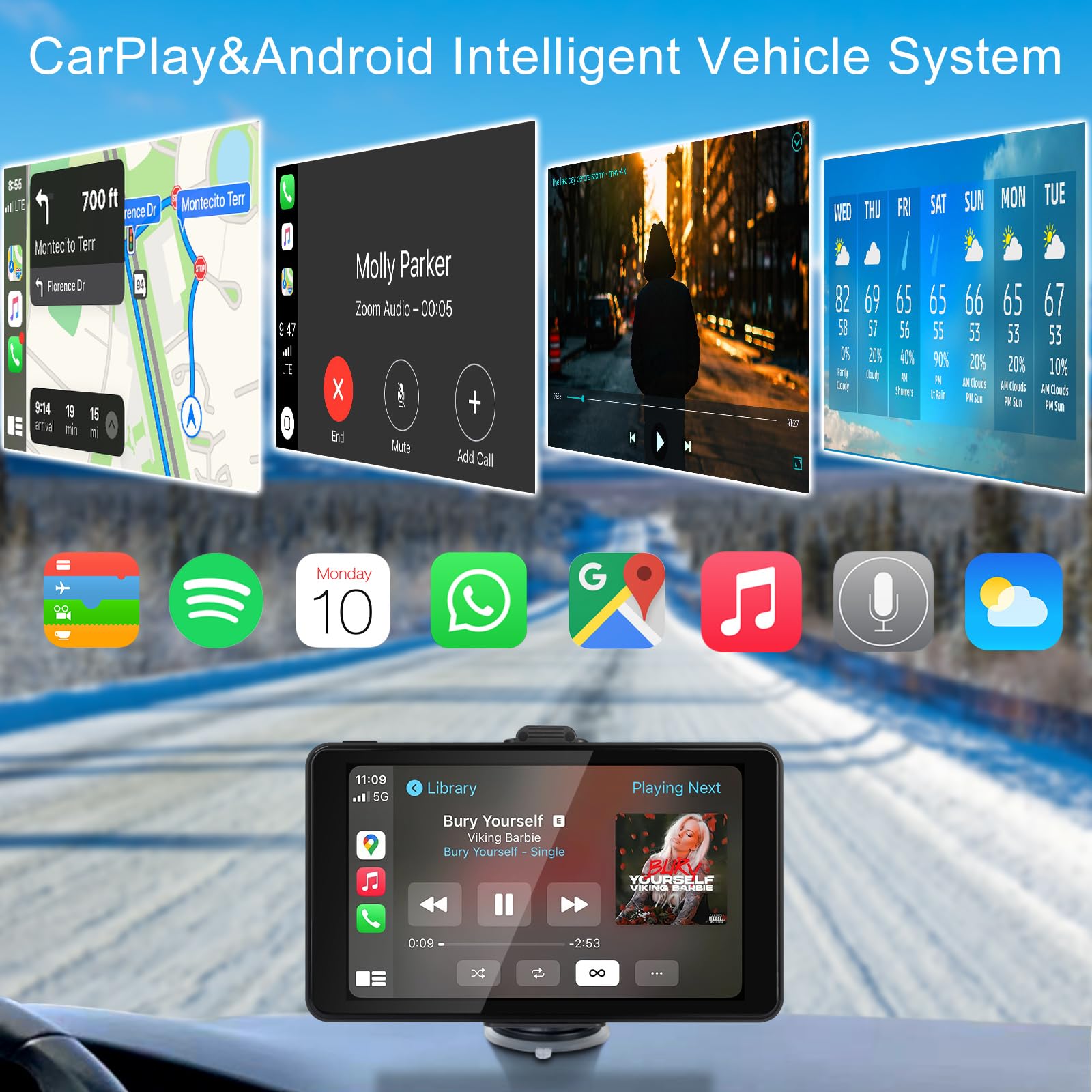 Wireless Apple CarPlay Android Auto Screen, Car Stereo 7" HD Touch Screen AirPlay Portable Navigation Radio Video Music Player Bluetooth WiFi, Voice Control, Mirror Link — view 4